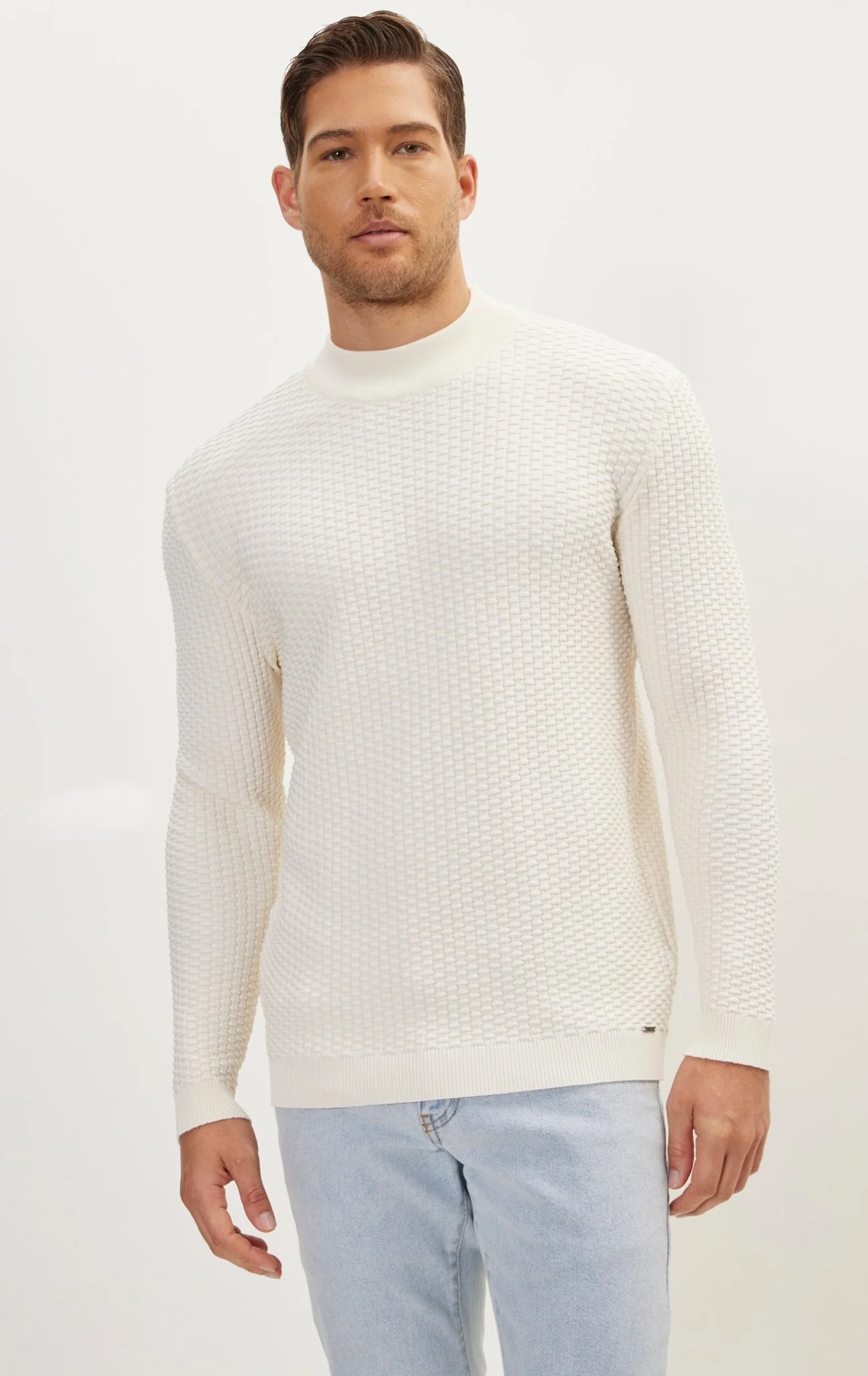 Oversized Bamboo Ribbing Stitch Mock Neck Sweater - Ecru