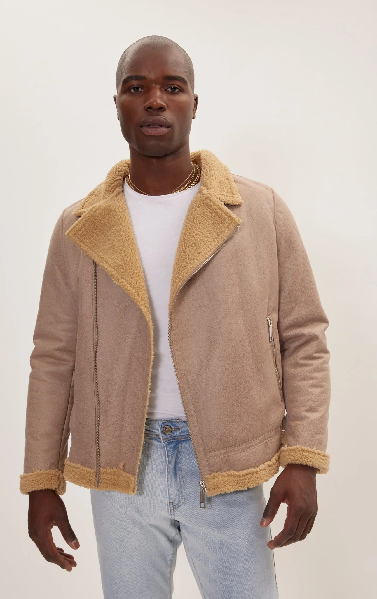 Vegan Shearling Biker Jacket - Stone