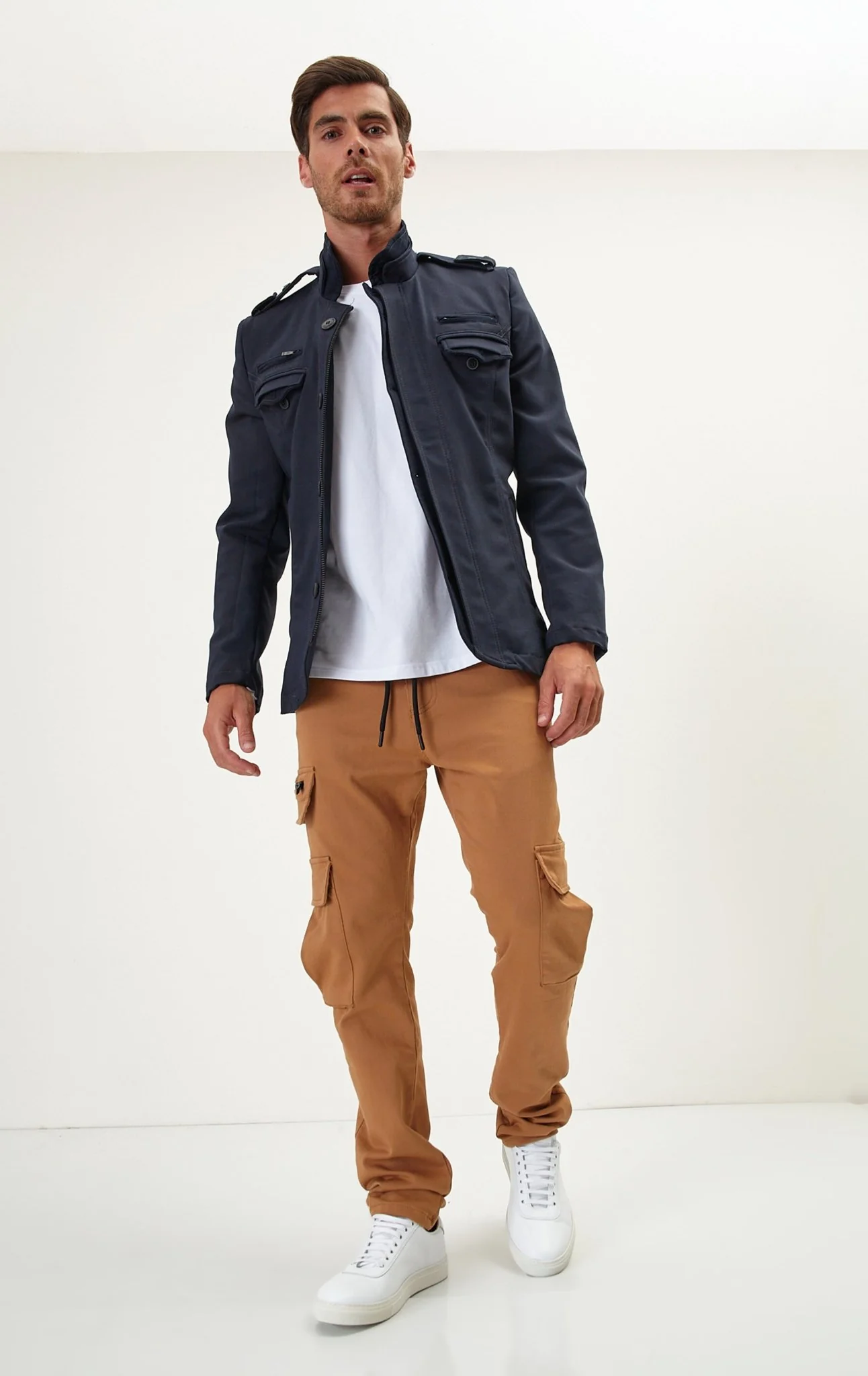 Epaulette Shoulder Stand Collar Jacket - Navy