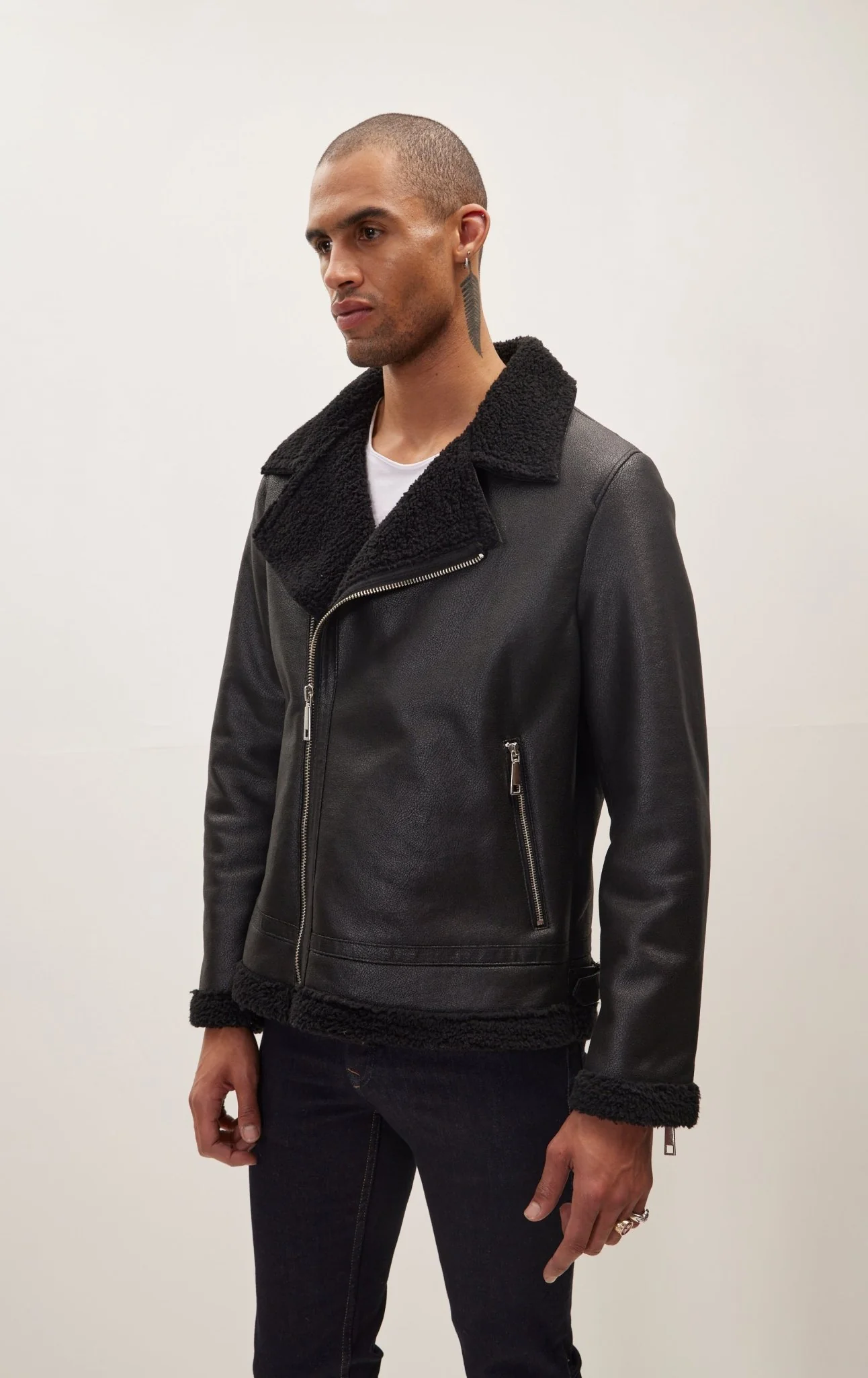 Vegan Shearling Biker Jacket - Black