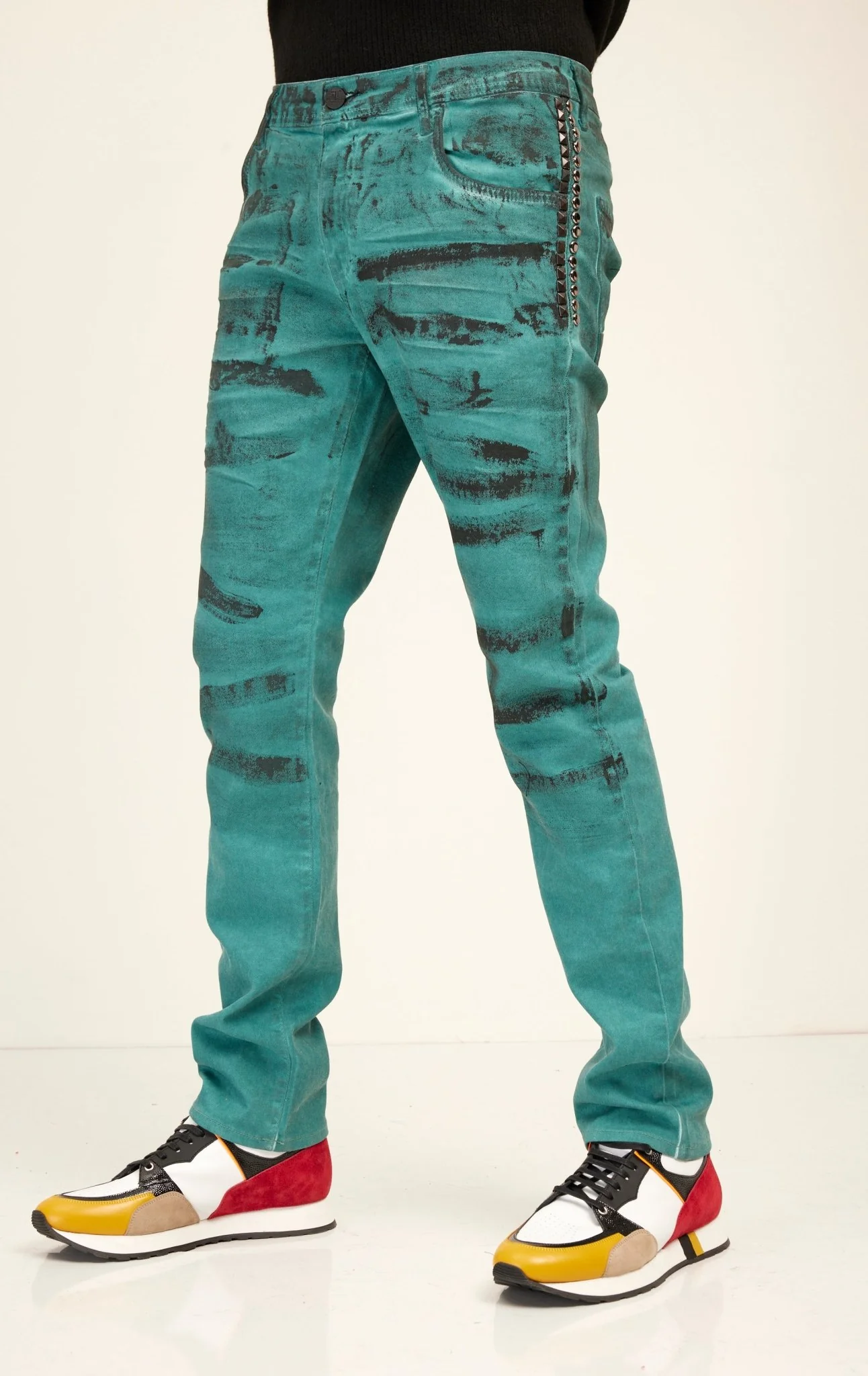 Black Paint Swiped Denim Jeans - Dark Green