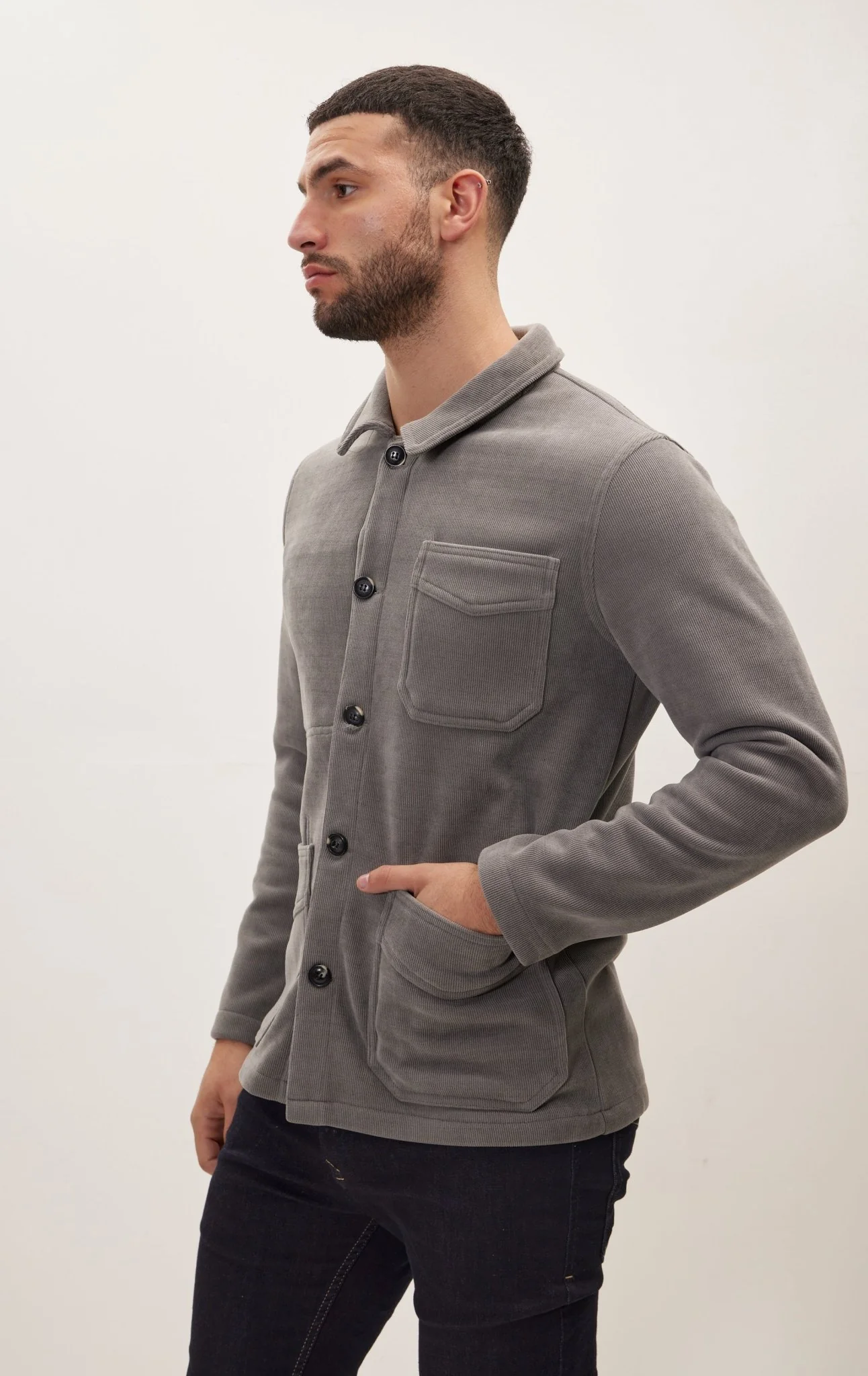 Relaxed Corduroy Button Closure Jacket - Grey