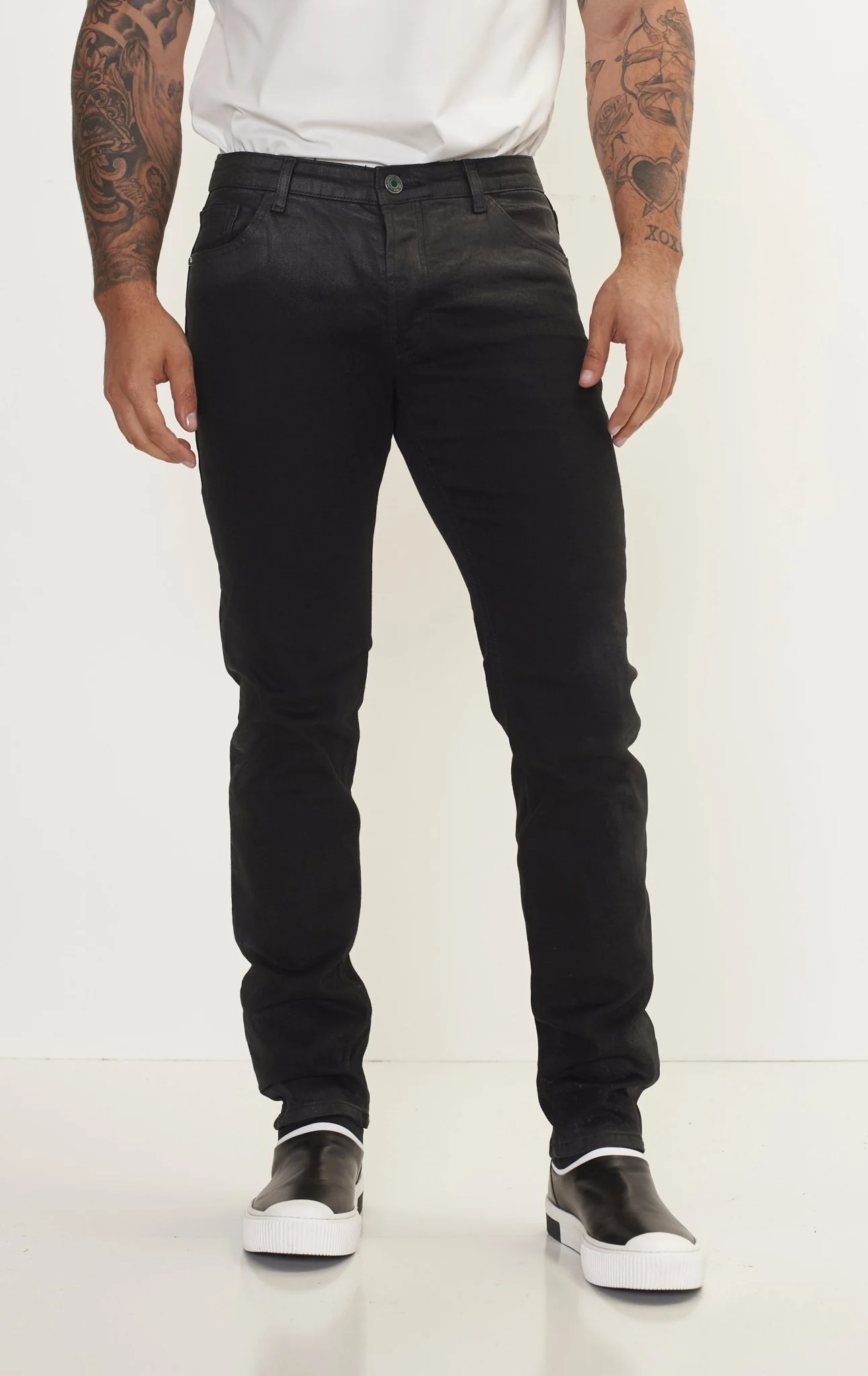 Side Waxed Tapered Jeans - Black