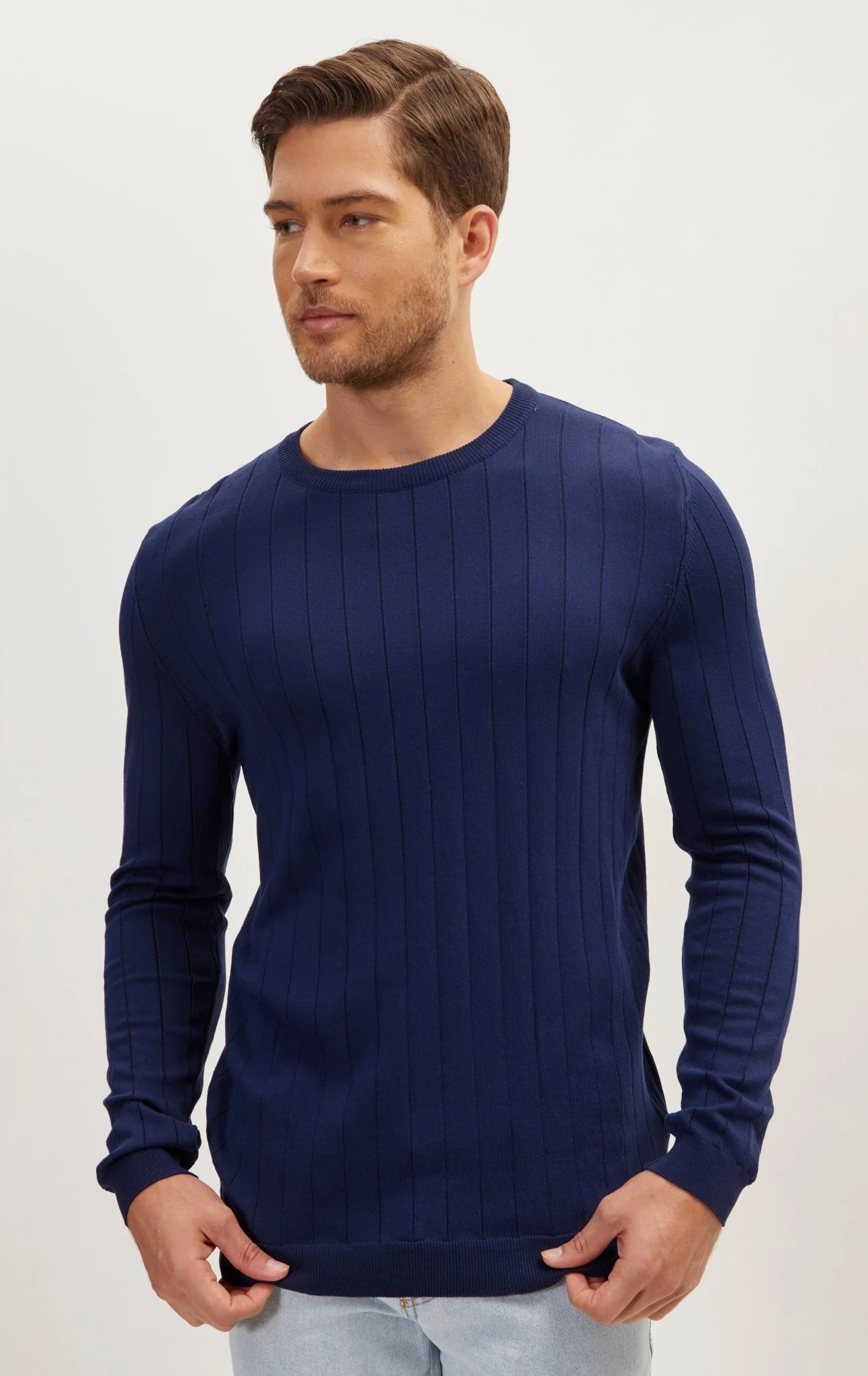 Slip-Stitch Crew Neck Long Sleeve Sweater - Navy