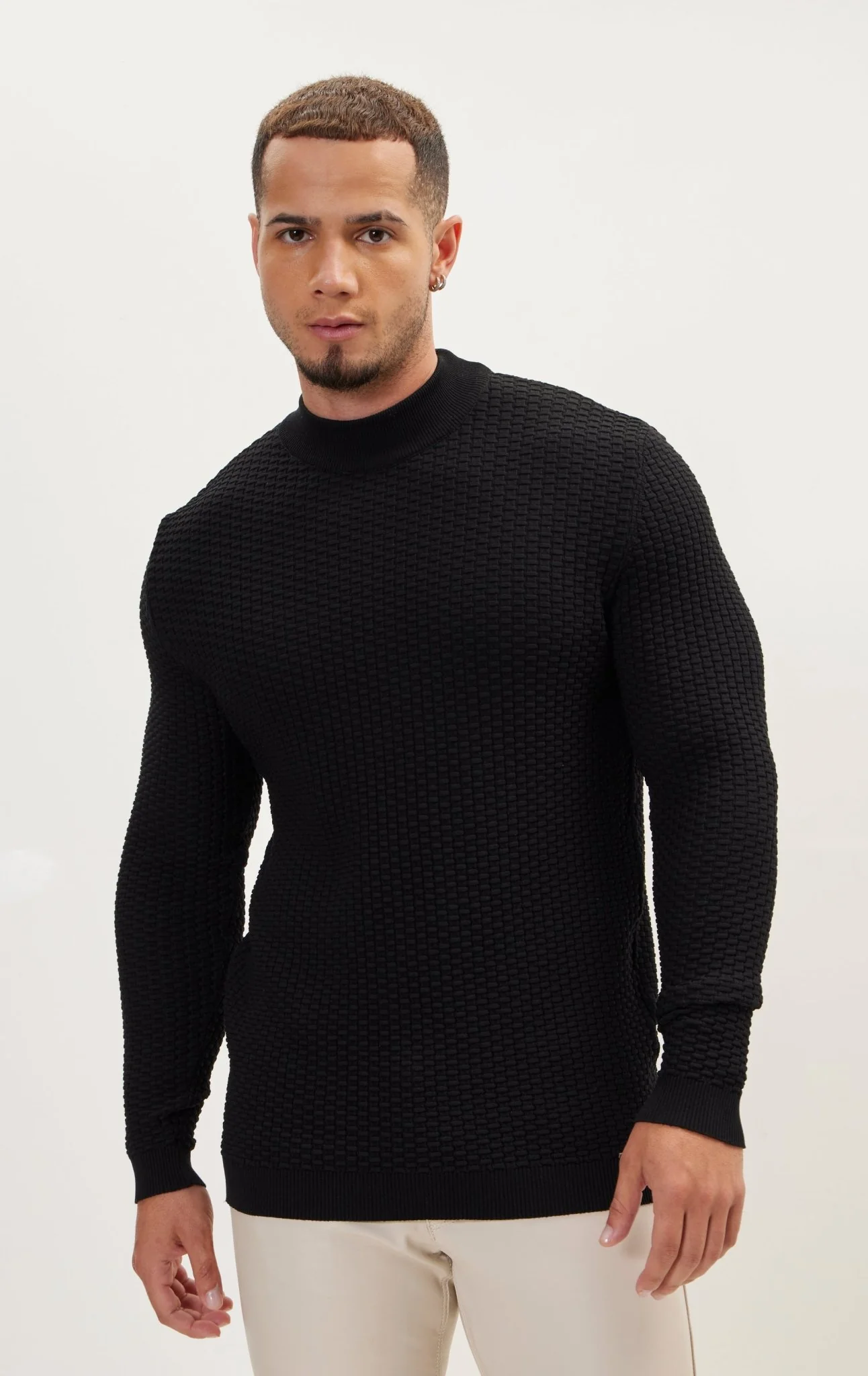 Oversized Bamboo Ribbing Stitch Mock Neck Sweater - Black