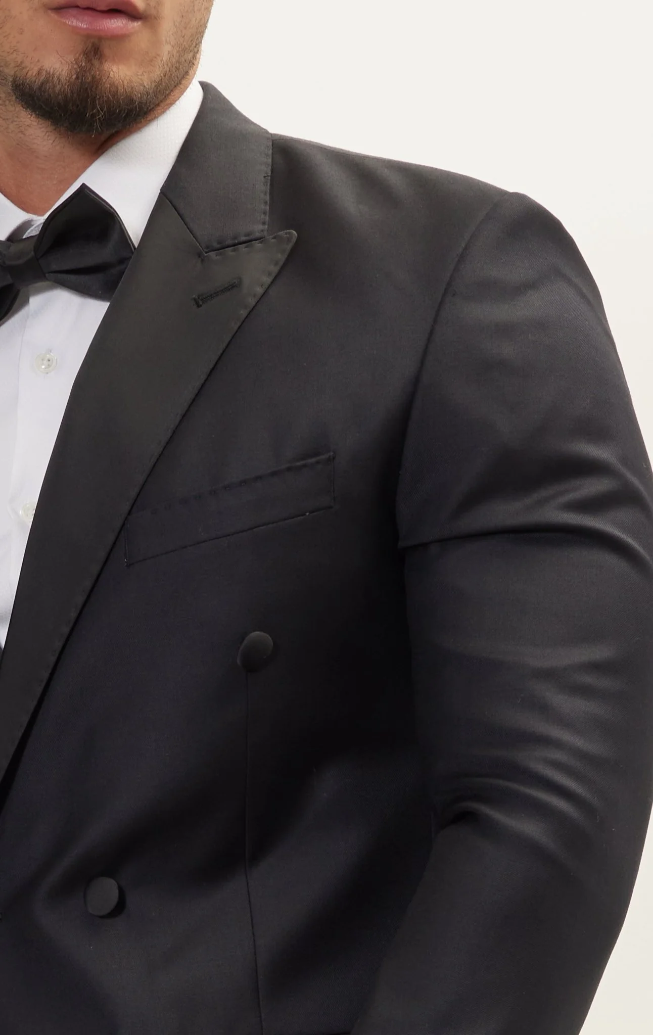 Super 180S Wool and Silk Double Breasted Tuxedo Suit - Black