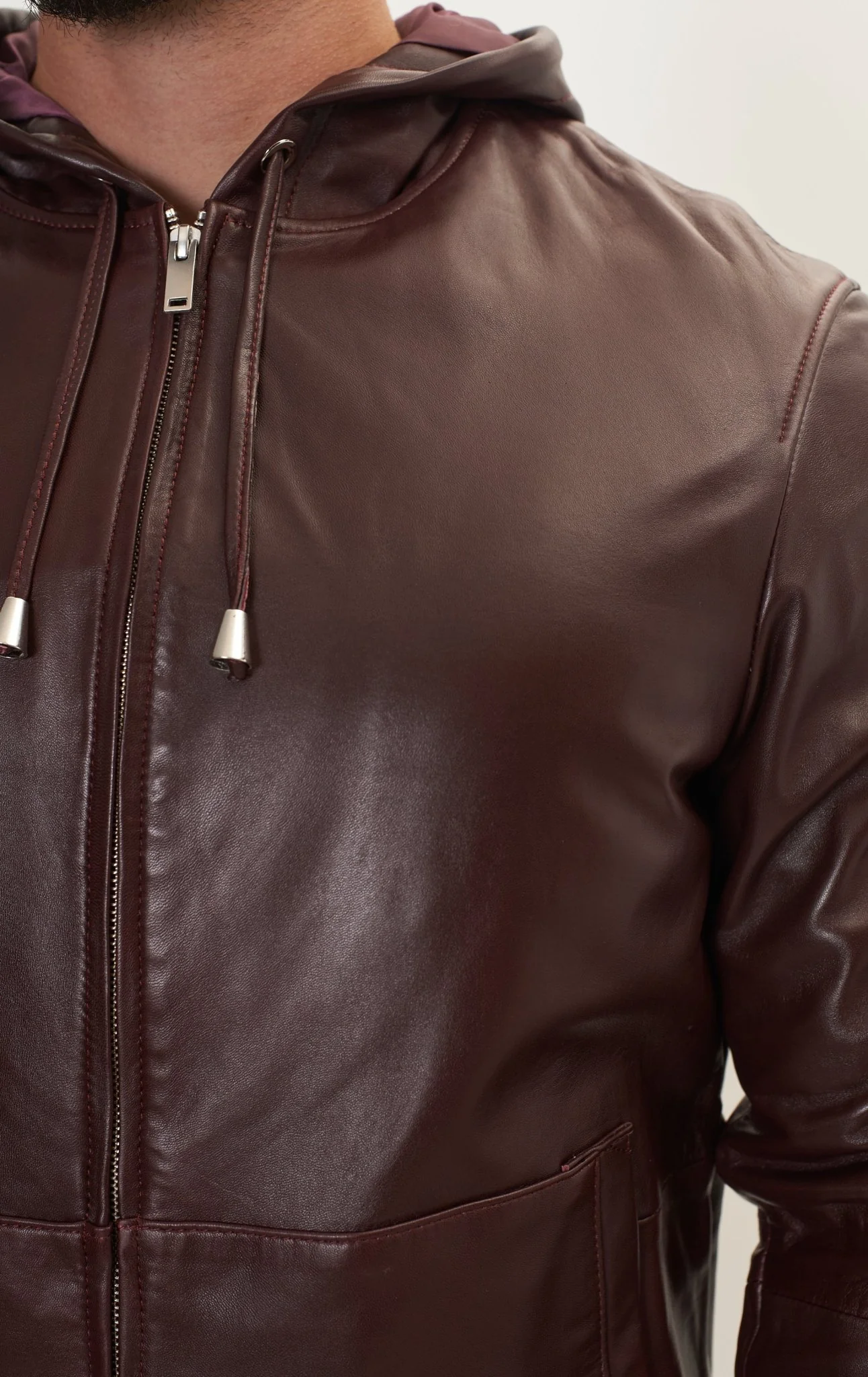 Genuine Leather Hooded Sweatshirt - Wine