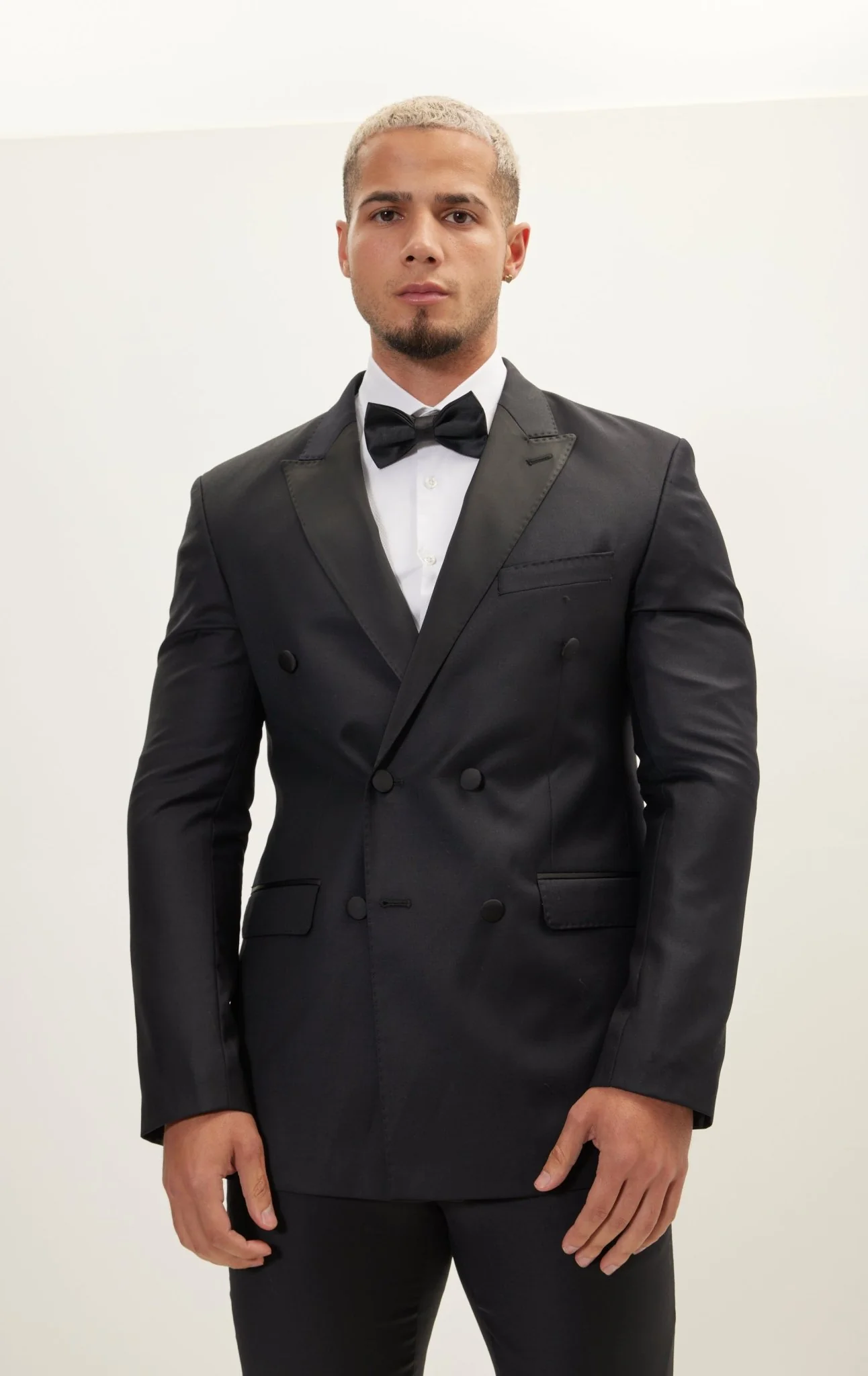 Super 180S Wool and Silk Double Breasted Tuxedo Suit - Black