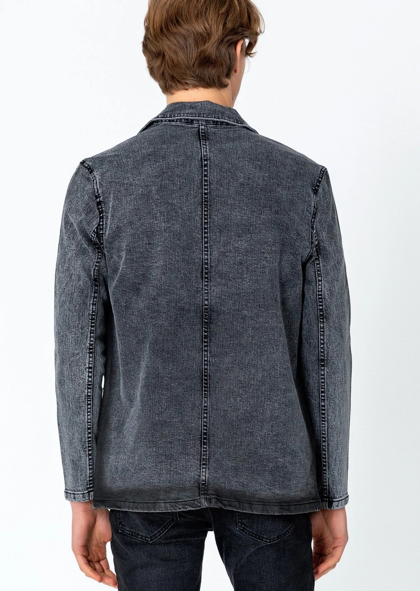 Patch Pocket Fitted Waxed Denim Jacket - Grey