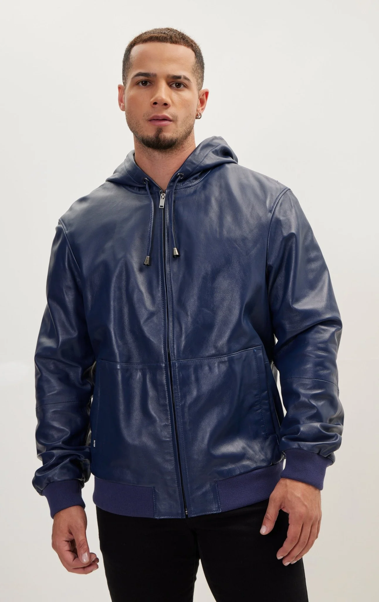 Genuine Leather Hooded Sweatshirt - Navy