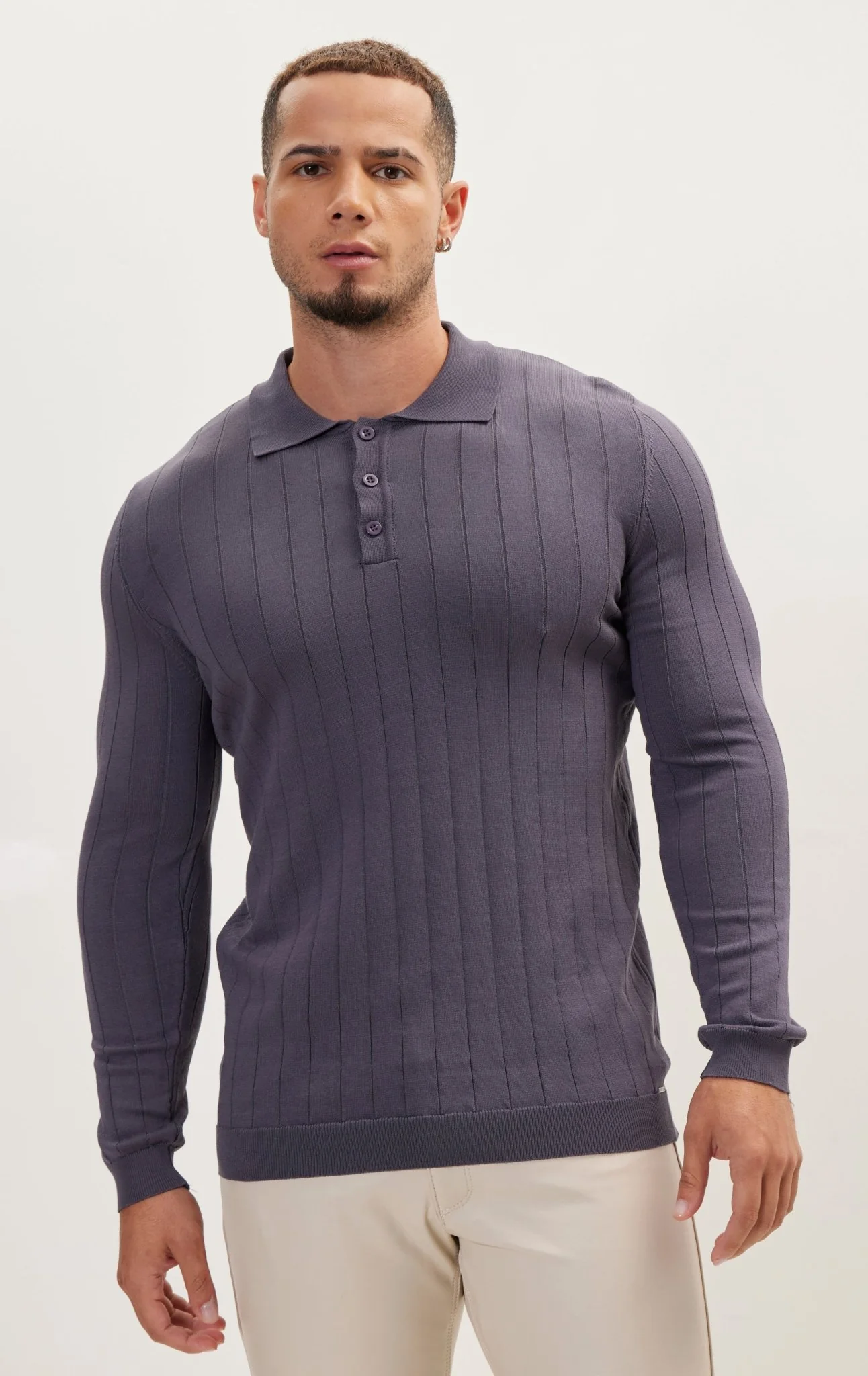 Slip-Stitch Polo Neck Long Sleeve Sweater - Anthracite