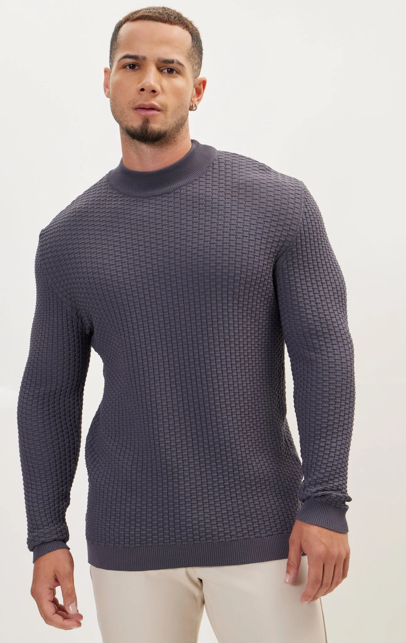 Oversized Bamboo Ribbing Stitch Mock Neck Sweater - Anthracite