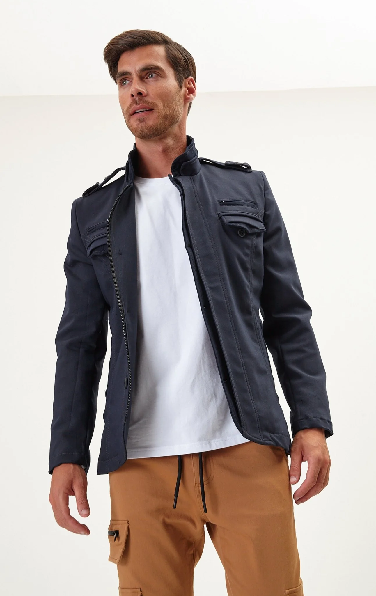 Epaulette Shoulder Stand Collar Jacket - Navy