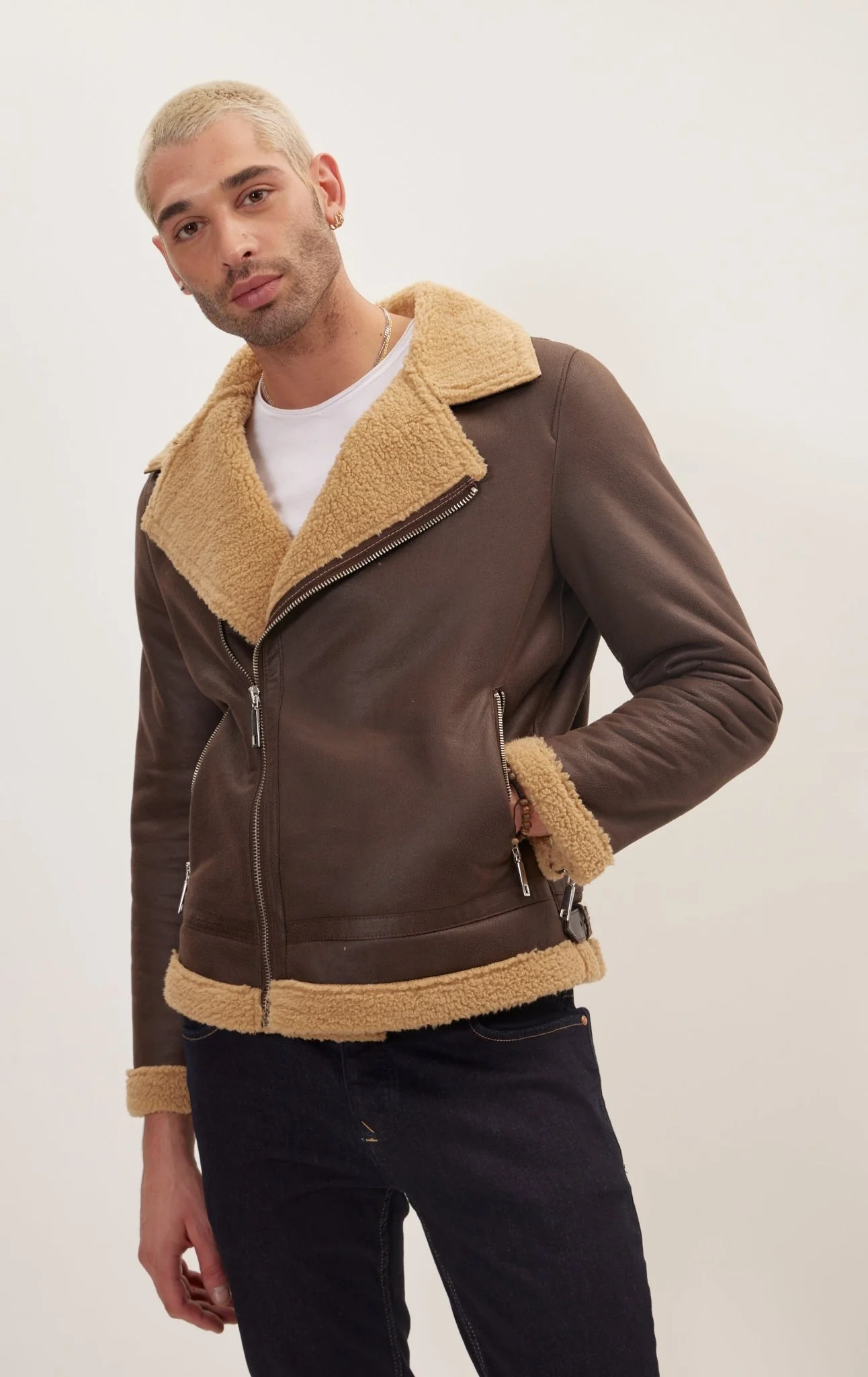 Vegan Shearling Biker Jacket - Brown
