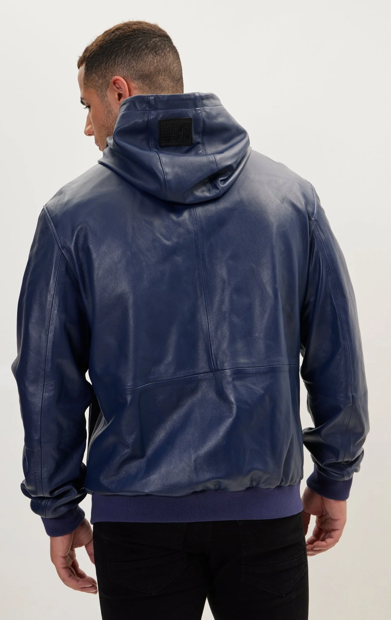 Genuine Leather Hooded Sweatshirt - Navy