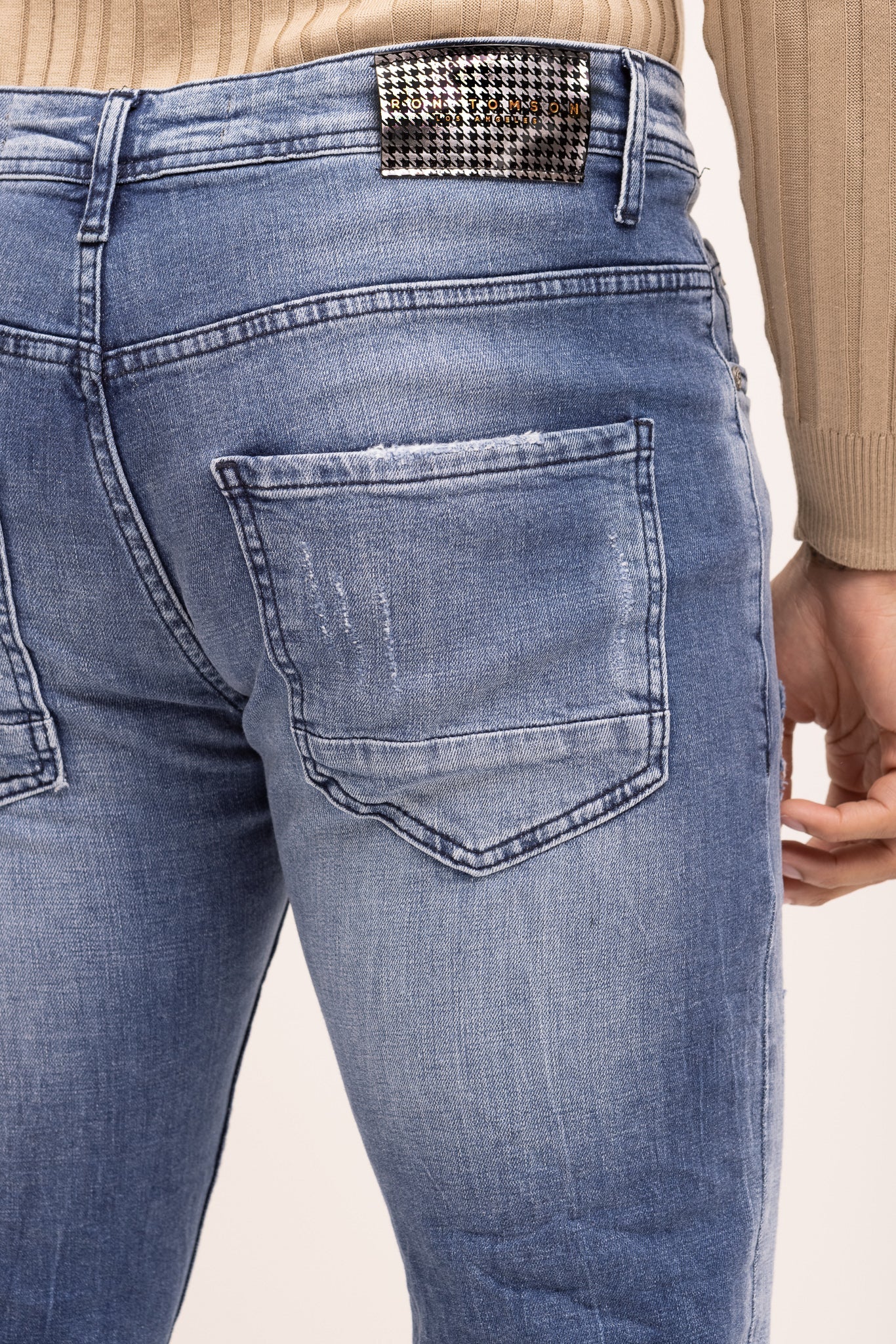 Red Stripe Cotton Denim Distressed Jeans - Indigo
