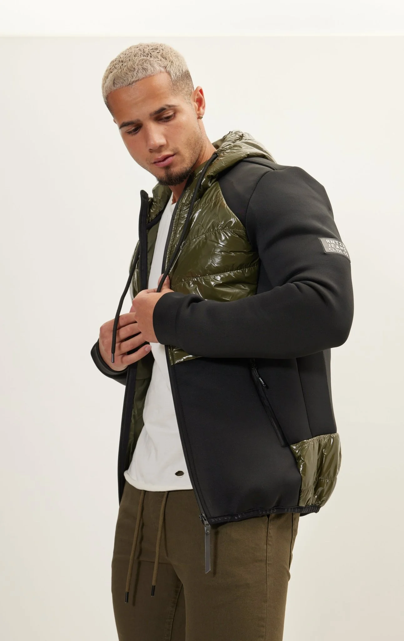 Mix Media Neoprene Quilted Jacket - Khaki