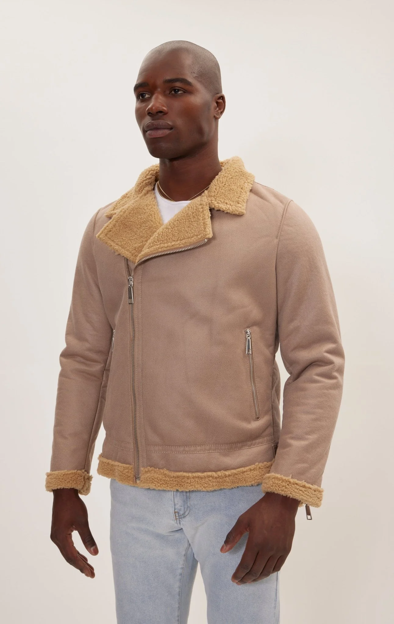 Vegan Shearling Biker Jacket - Stone