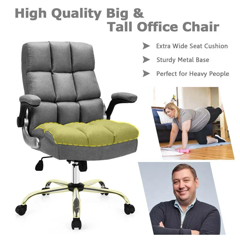 Linen Fabric Thick Padding Big & Tall Executive Office Chair with Flip-up Armrest, Swivel High Back Computer Desk Chair