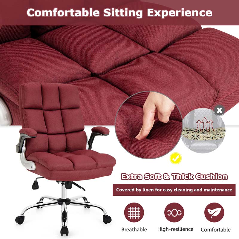 Linen Fabric Thick Padding Big & Tall Executive Office Chair with Flip-up Armrest, Swivel High Back Computer Desk Chair