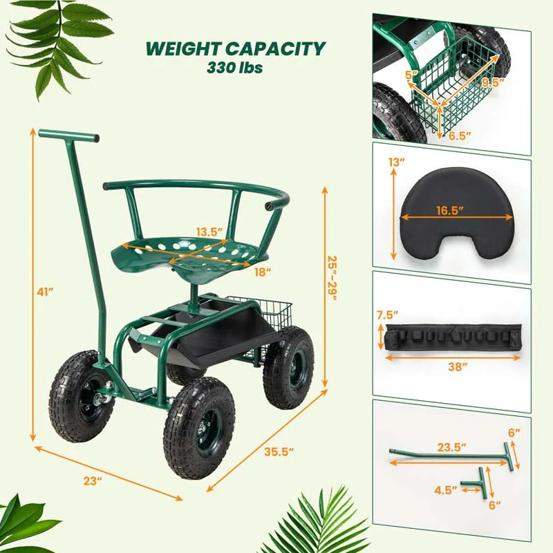 Green Rolling Garden Cart Workseat Garden Scooter with 360 Degree Swivel Cushioned Seat & Tool Storage, 2 Steering Handles