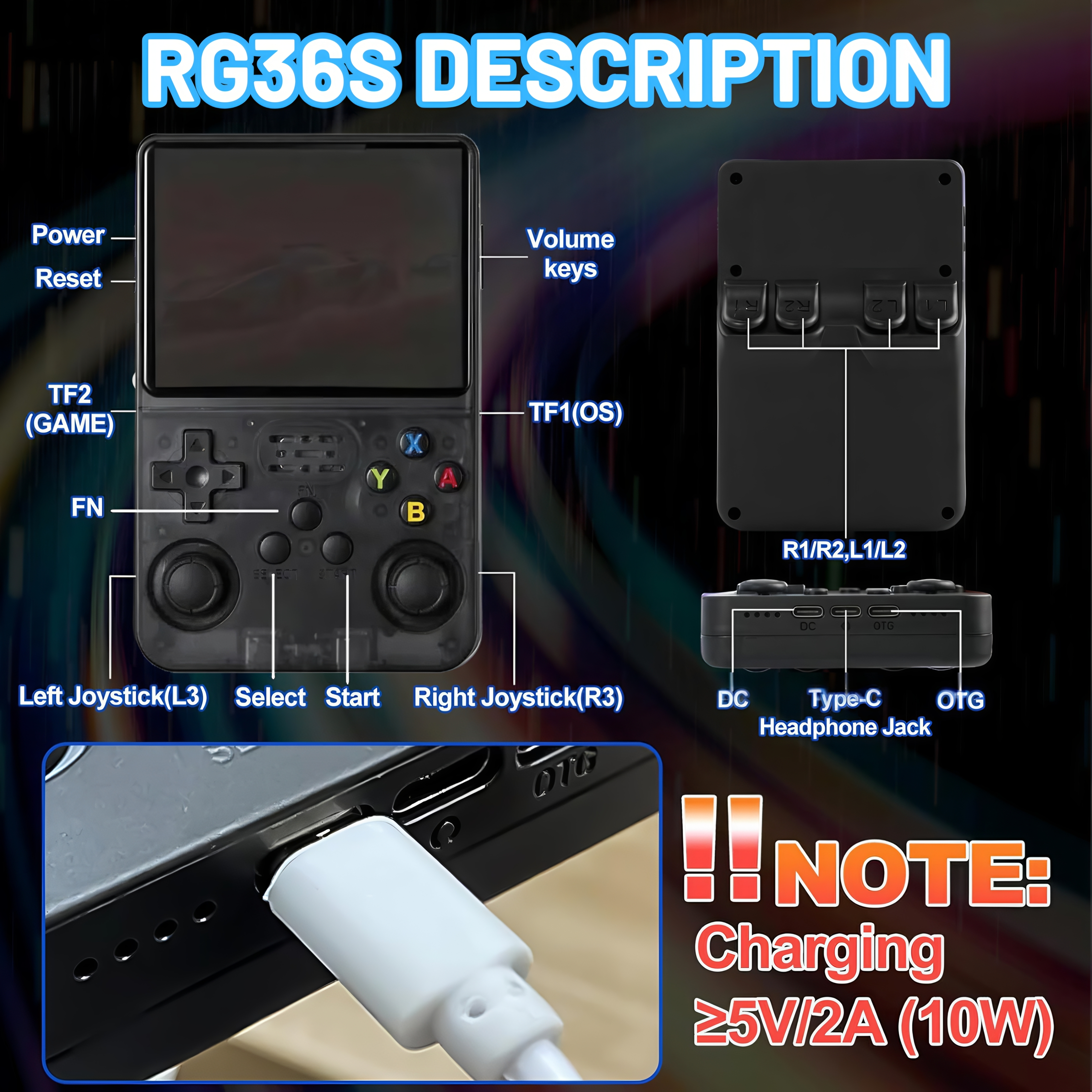 R36S HD Retro Handheld Game Console, 3.5 Inch IPS Screen, 64GB Memory, Supports 20,000+ Games,Portable Arcade Video Gaming Console Gift for Adults(Black) - Game Consoles