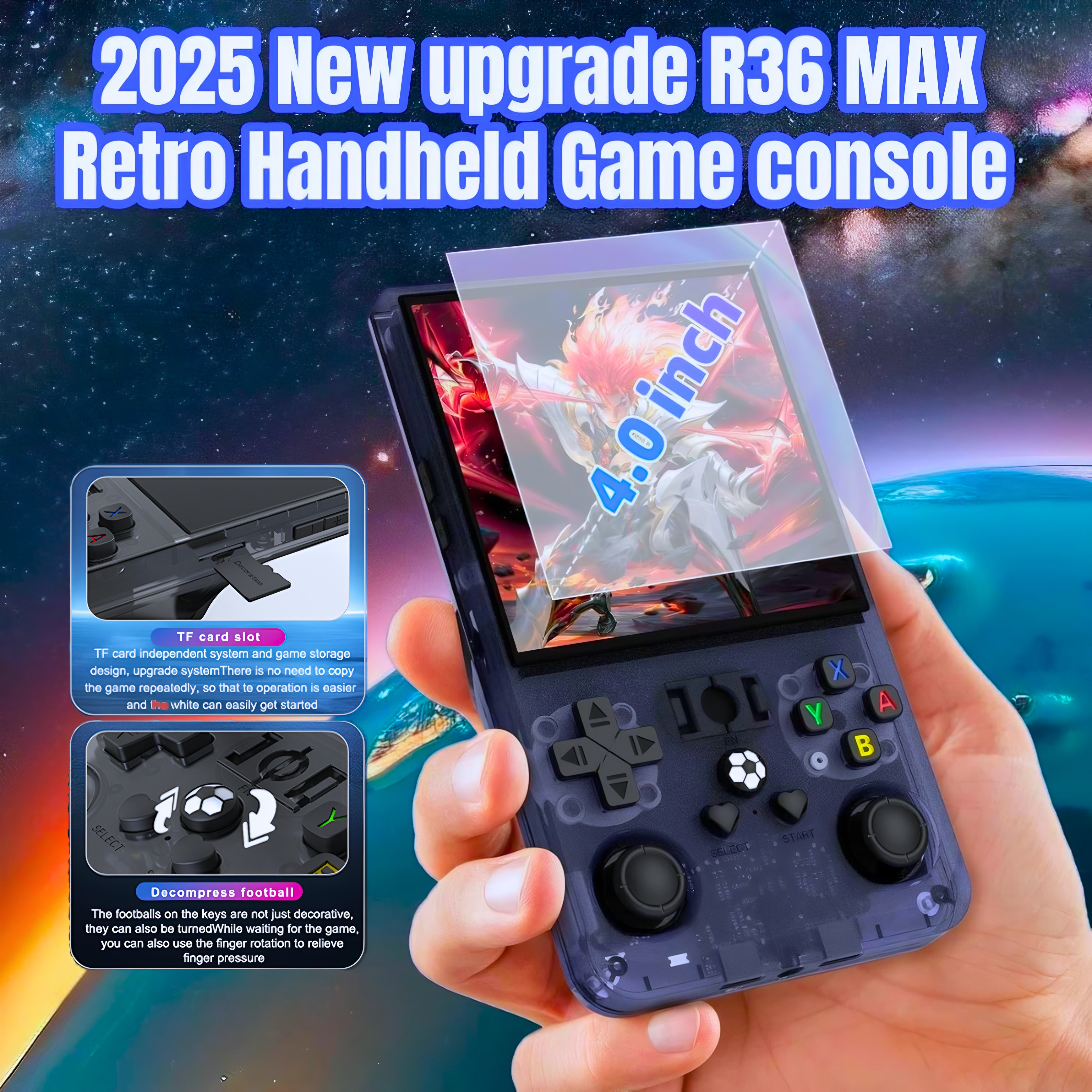R36MAX Retro Handheld Game Console, 4.0 Inch IPS HD Screen Retro Gaming Console, Linux System, 20＋Mainstream Emulator Games Retro Game Console, 4000mAh Battery, Built-in 64G TF Card, Black - Game Consoles