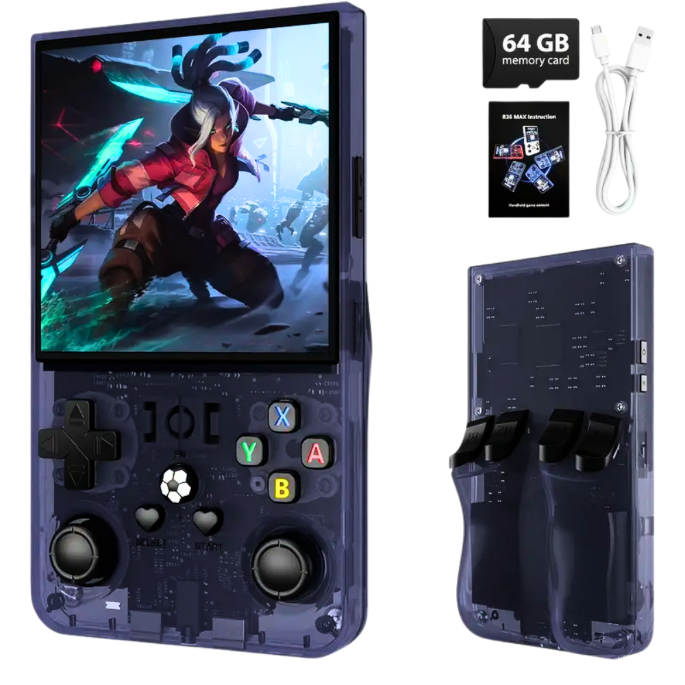 R36MAX Retro Handheld Game Console, 4.0 Inch IPS HD Screen Retro Gaming Console, Linux System, 20＋Mainstream Emulator Games Retro Game Console, 4000mAh Battery, Built-in 64G TF Card, Black - Game Consoles