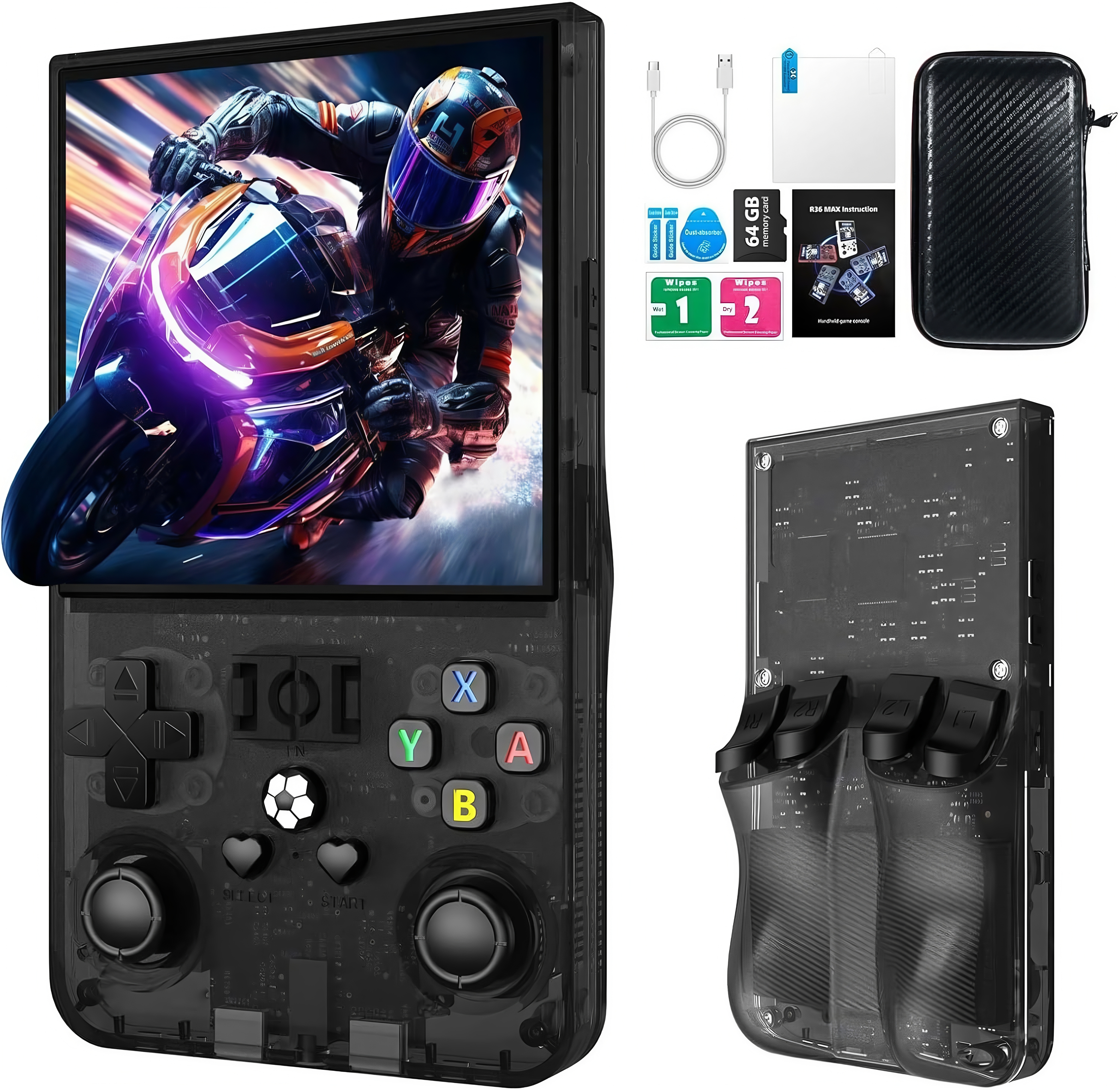 R36MAX Retro Handheld Game Console, 4.0 Inch IPS HD Screen Retro Gaming Console, Linux System, 20＋Mainstream Emulator Games Retro Game Console, 4000mAh Battery, Built-in 64G TF Card, Black - Game Consoles