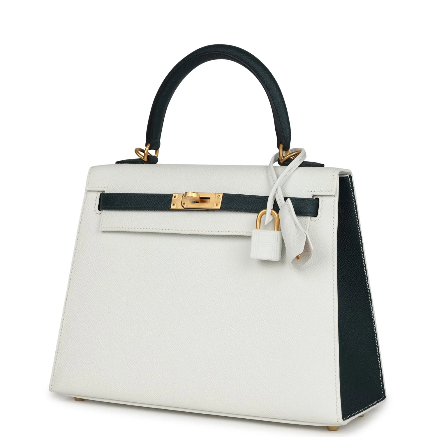 Replicate Hermes Special Order (HSS) Kelly Sellier 25 White and Vert Cypress Epsom Brushed Gold Hardware(1:1 replica)