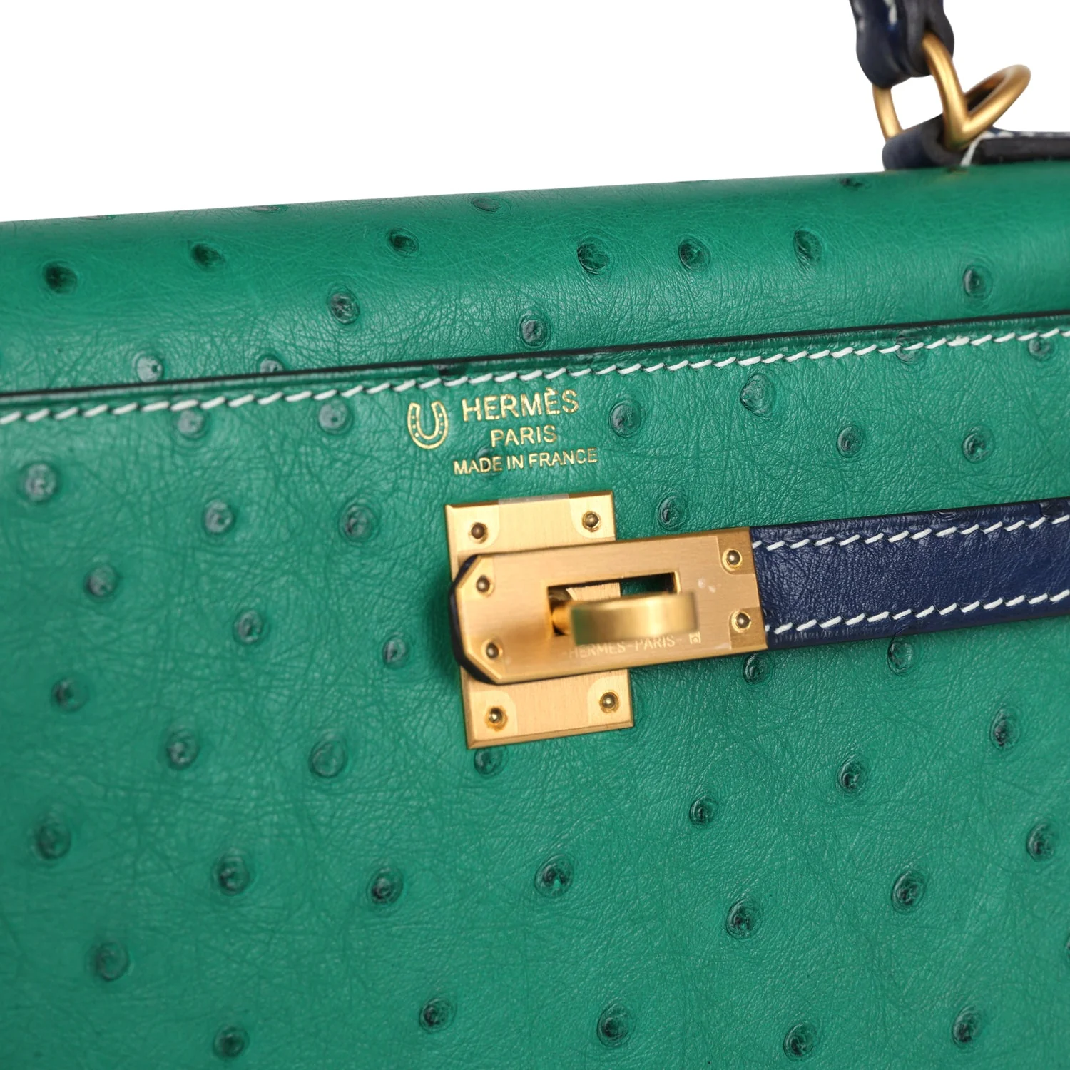 Replicate Hermes Special Order (HSS) Kelly Sellier 25 Vert Vertigo and Bleu Iris Ostrich Brushed Gold Hardware(1:1 replica)