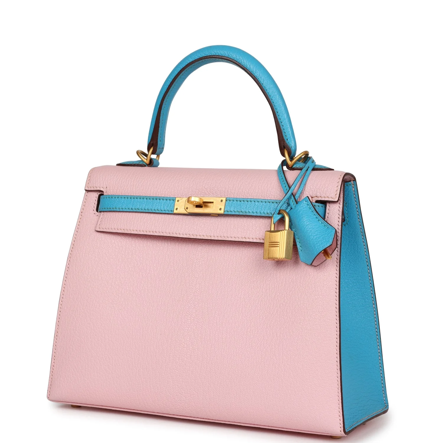 Replicate Hermes Special Order (HSS) Kelly Sellier 25 Rose Sakura and Bleu Aztec Chevre Brushed Gold Hardware(1:1 replica)