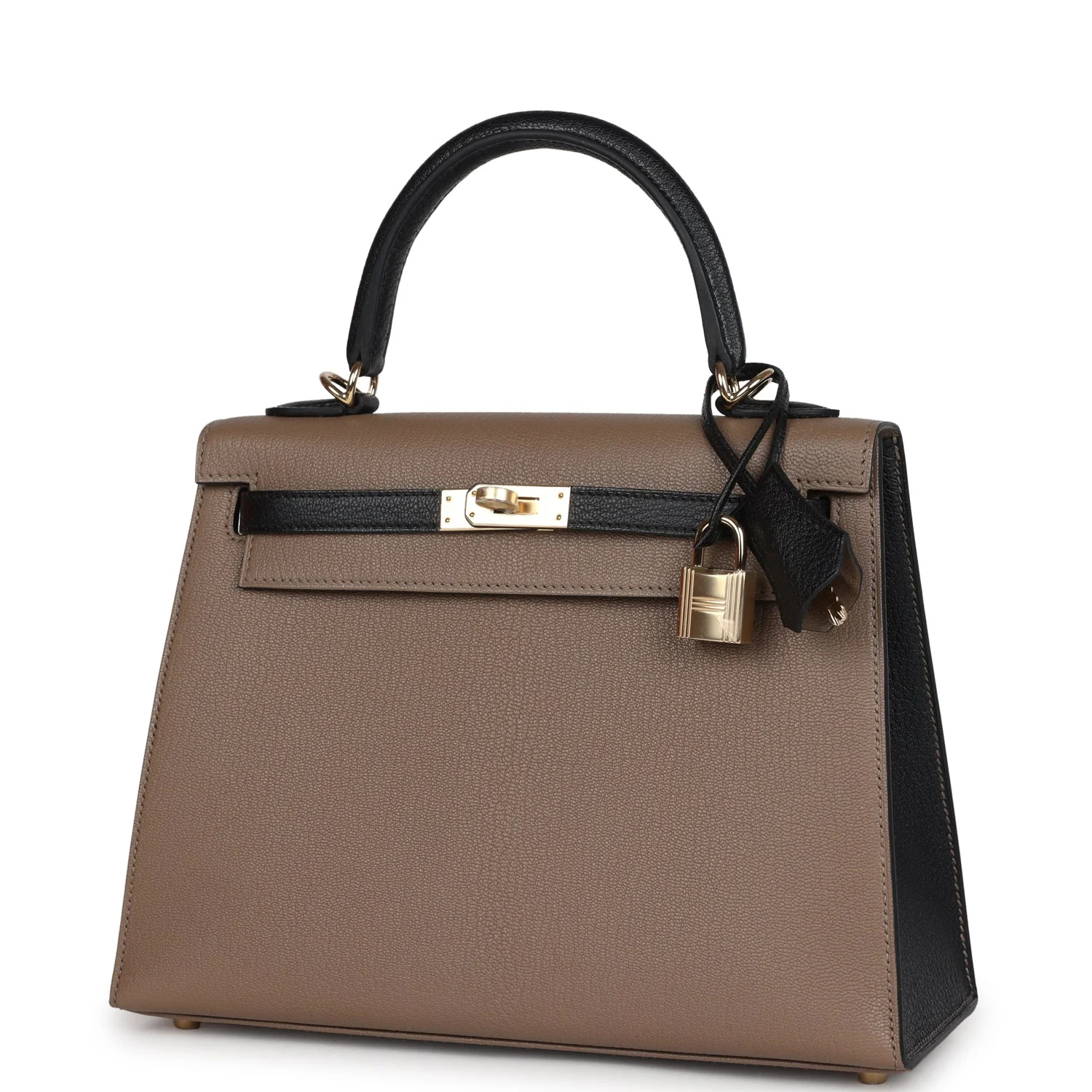 Replicate Hermes Special Order (HSS) Kelly Sellier 25 Black and Etoupe Chevre Mysore Permabrass Hardware(1:1 replica)