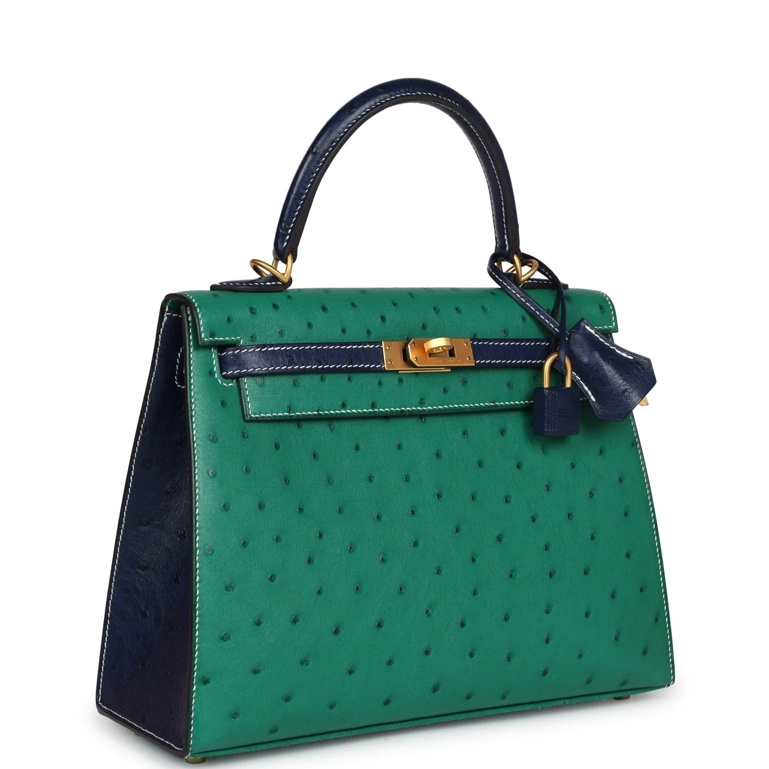 Replicate Hermes Special Order (HSS) Kelly Sellier 25 Vert Vertigo and Bleu Iris Ostrich Brushed Gold Hardware(1:1 replica)