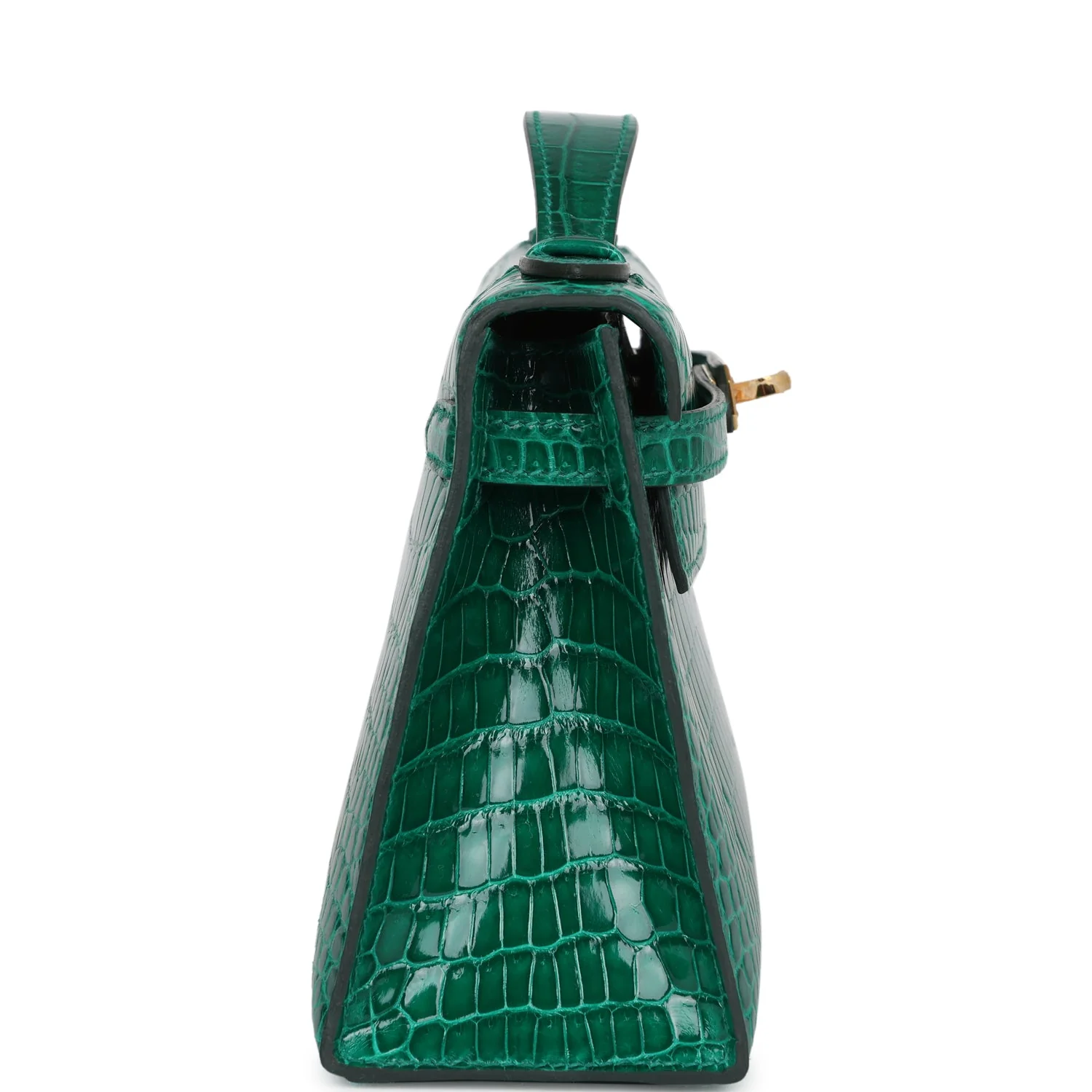 Replicate Hermes Kelly Pochette Emerald Shiny Porosus Crocodile Gold Hardware(1:1 replica)