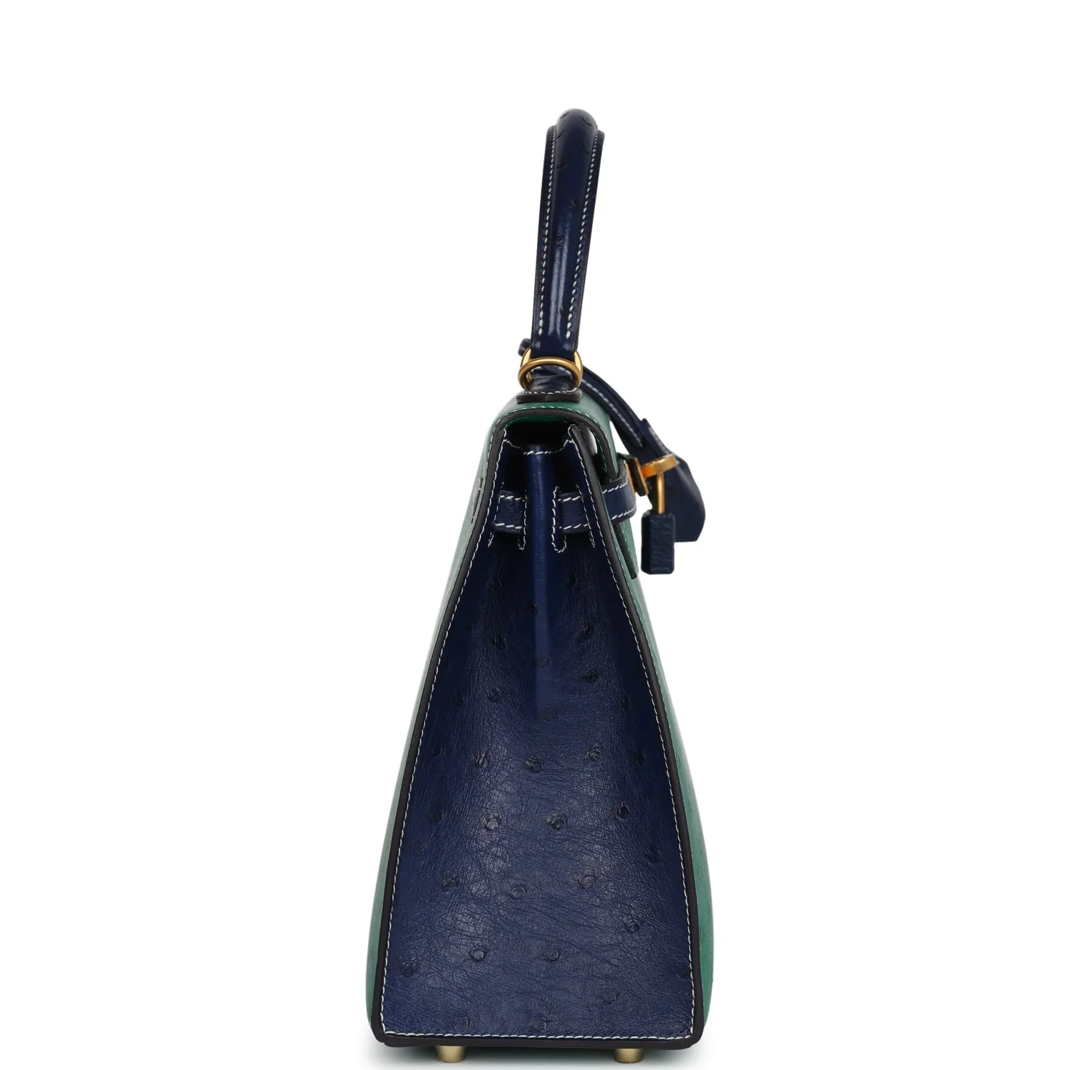 Replicate Hermes Special Order (HSS) Kelly Sellier 25 Vert Vertigo and Bleu Iris Ostrich Brushed Gold Hardware(1:1 replica)