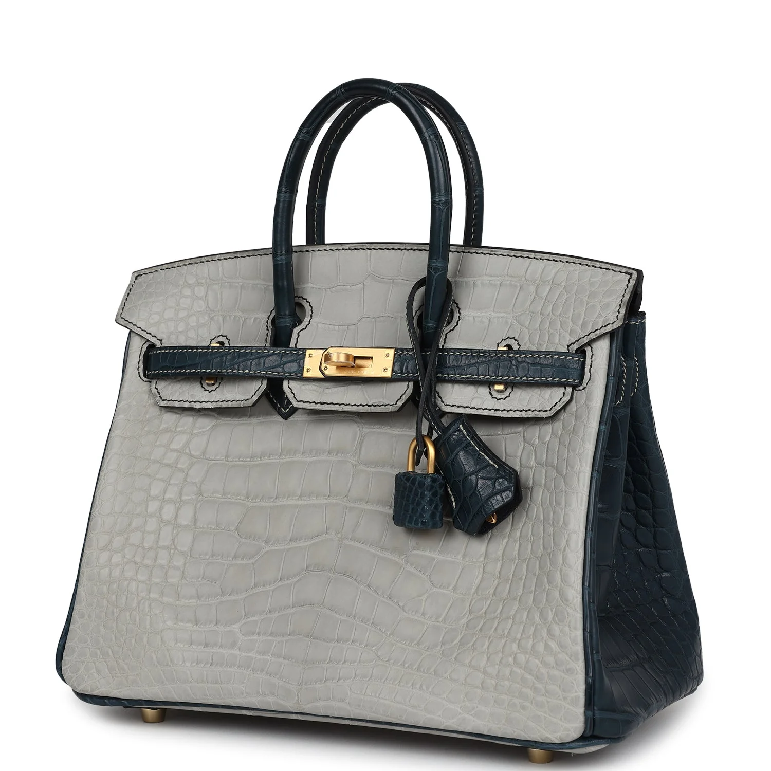 Replicate Hermes Special Order (HSS) Birkin 25 Gris Perle and Vert Rousseau Matte Alligator Brushed Gold Hardware(1:1 replica)