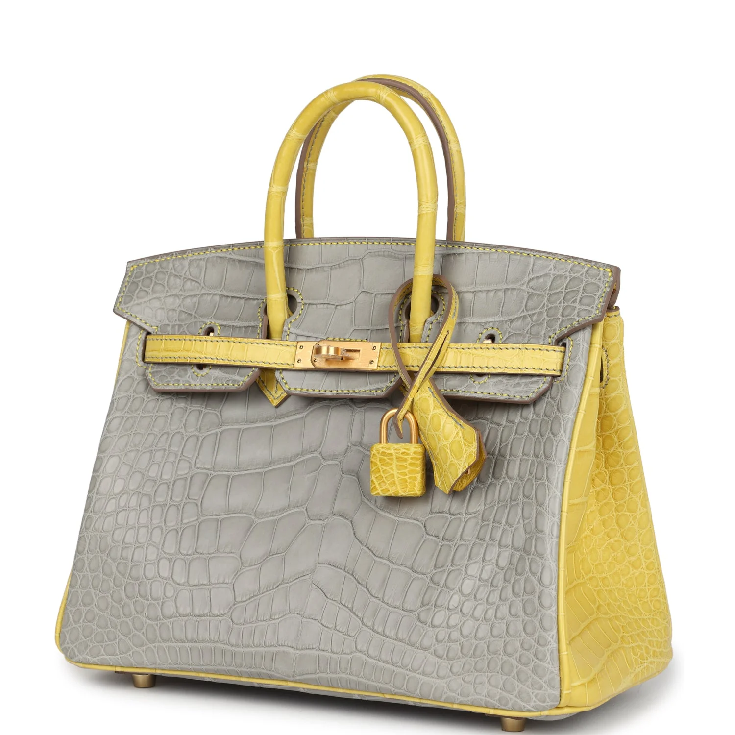 Replicate Hermes Special Order (HSS) Birkin 25 Gris Perle and Mimosa Matte Alligator Brushed Gold Hardware(1:1 replica)