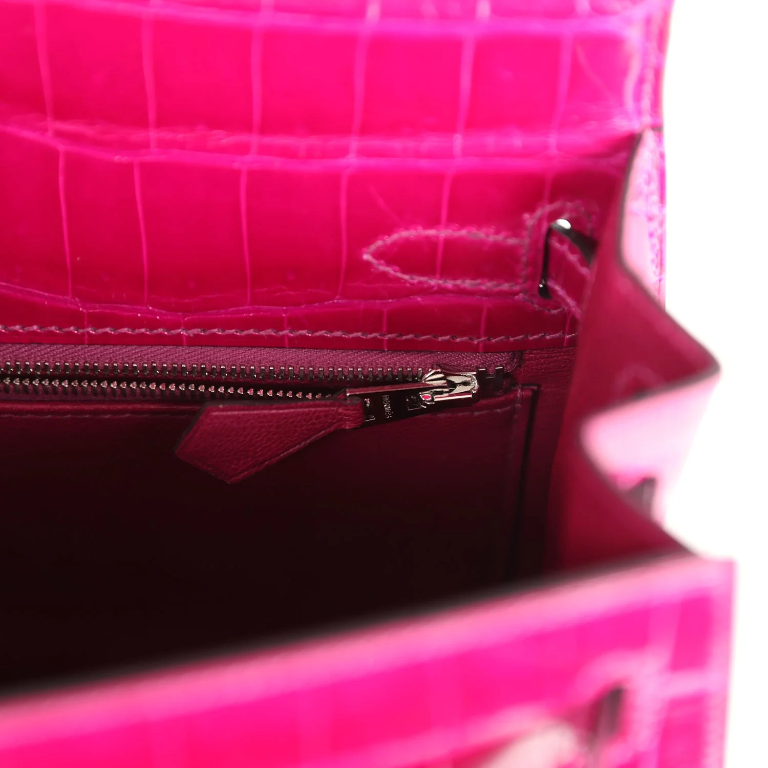 Replicate Hermes Kelly Sellier 25 Rose Pourpre Shiny Niloticus Crocodile Palladium Hardware(1:1 replica)