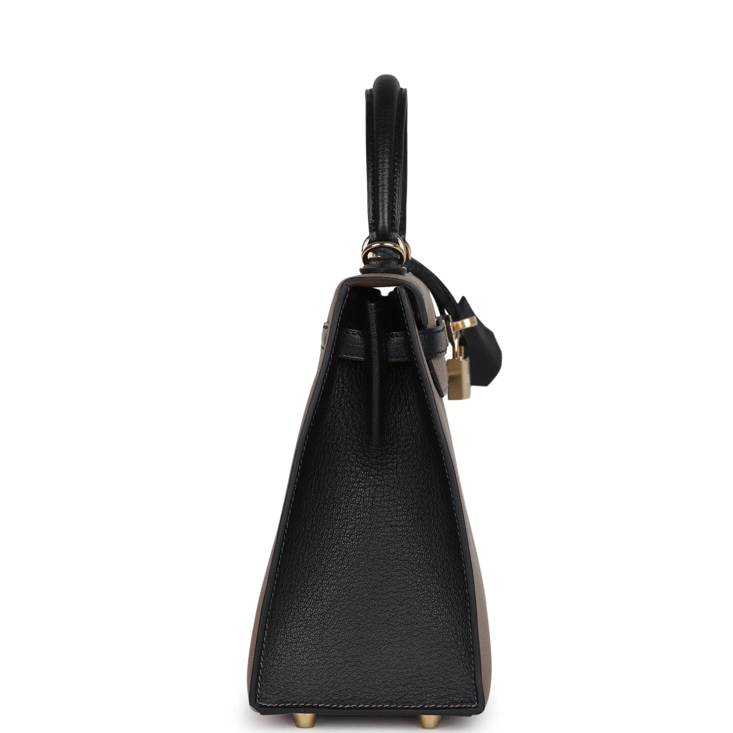 Replicate Hermes Special Order (HSS) Kelly Sellier 25 Black and Etoupe Chevre Mysore Permabrass Hardware(1:1 replica)