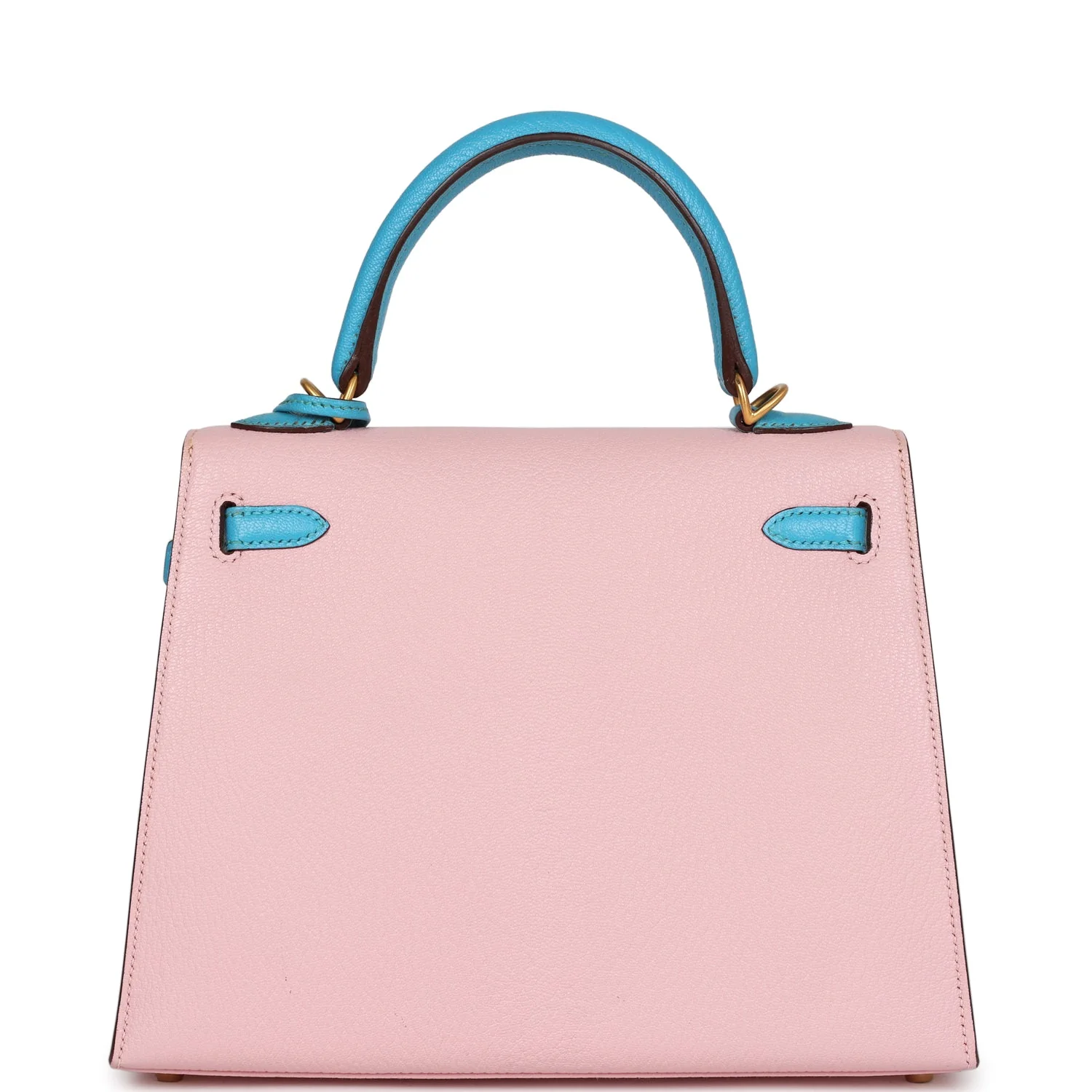 Replicate Hermes Special Order (HSS) Kelly Sellier 25 Rose Sakura and Bleu Aztec Chevre Brushed Gold Hardware(1:1 replica)