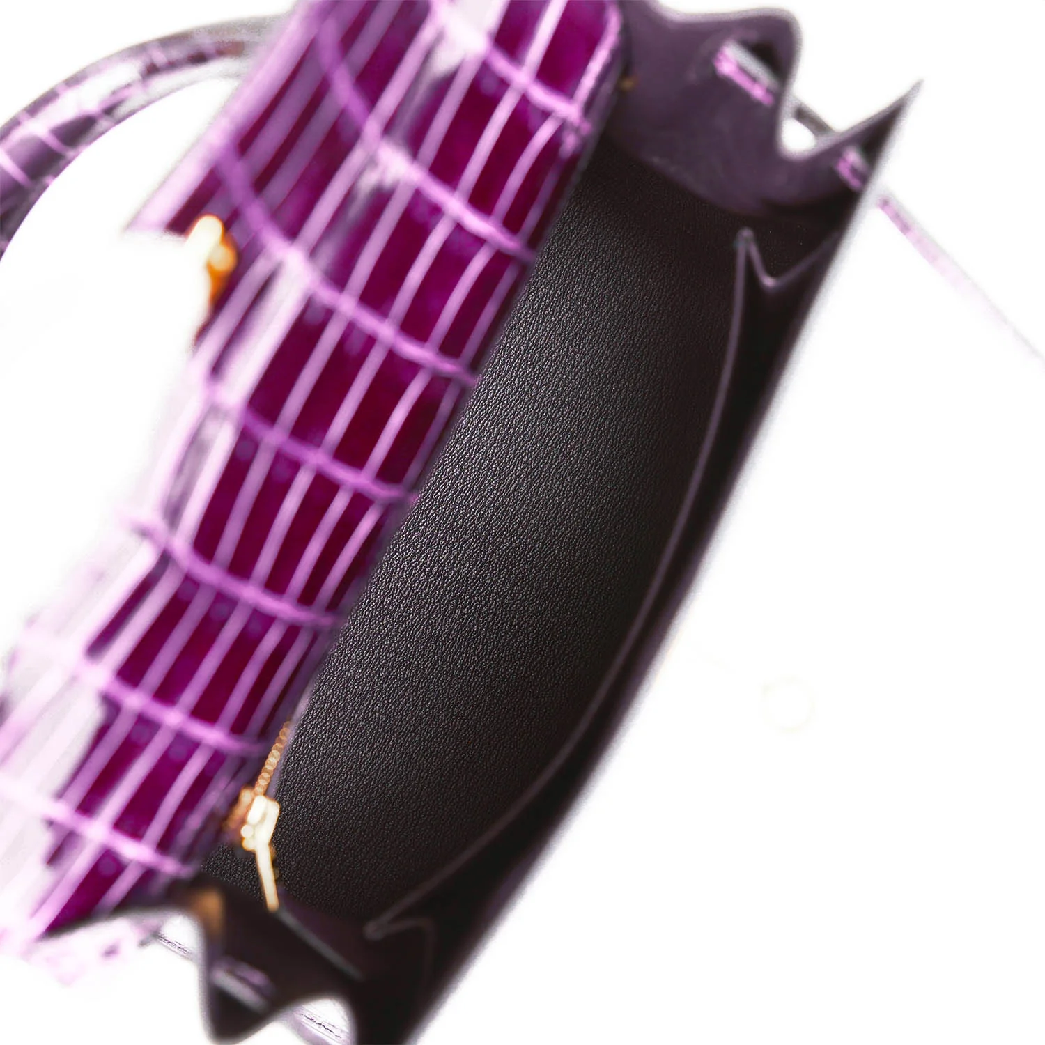 Replicate Hermes Kelly Sellier 25 Aubergine Shiny Niloticus Crocodile Gold Hardware(1:1 replica)