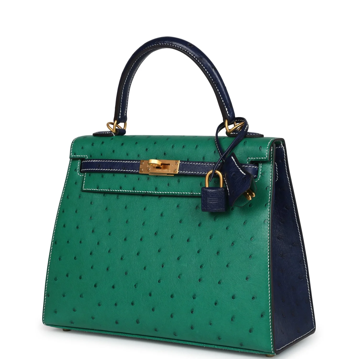 Replicate Hermes Special Order (HSS) Kelly Sellier 25 Vert Vertigo and Bleu Iris Ostrich Brushed Gold Hardware(1:1 replica)