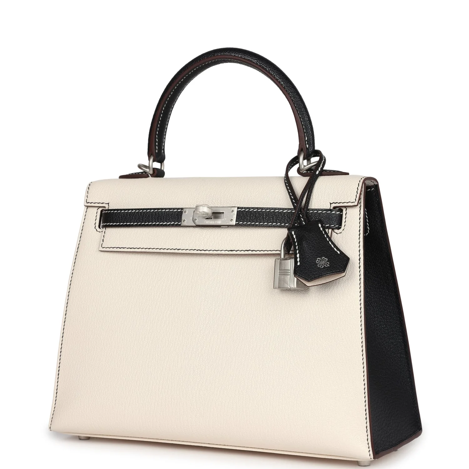 Replicate Hermes Special Order (HSS) Kelly Sellier 25 Nata and Black Chevre Mysore Brushed Palladium Hardware(1:1 replica)