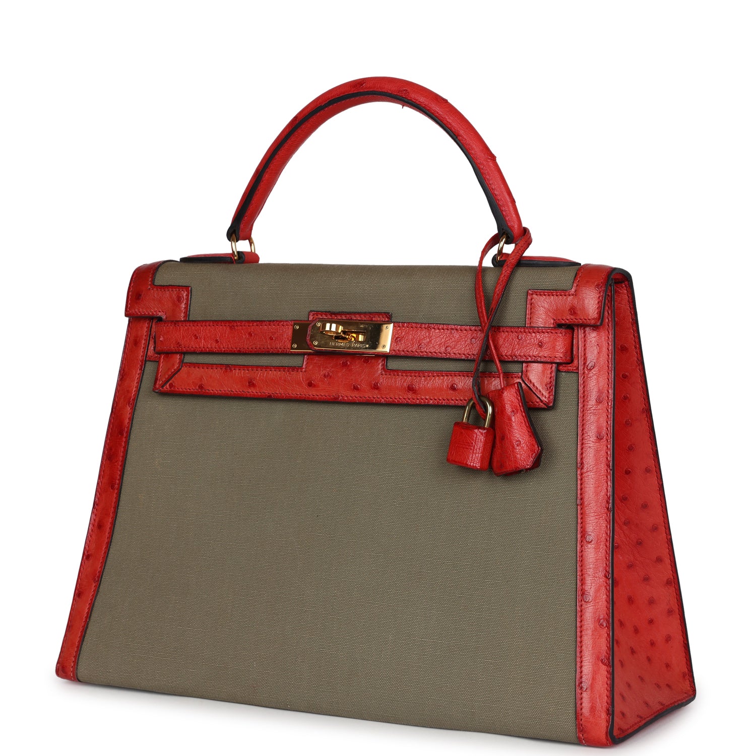 Replicate Vintage Hermes Kelly Sellier 32 Rouge Vif Ostrich and Vert Olive Officier Canvas Gold Hardware(1:1 replica)