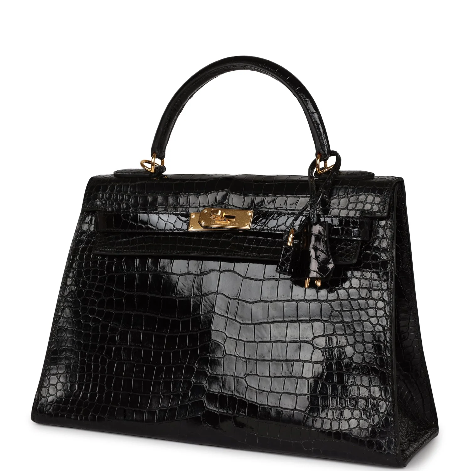 Replicate Vintage Hermes Kelly Sellier 32 Black Shiny Porosus Crocodile Gold Hardware(1:1 replica)