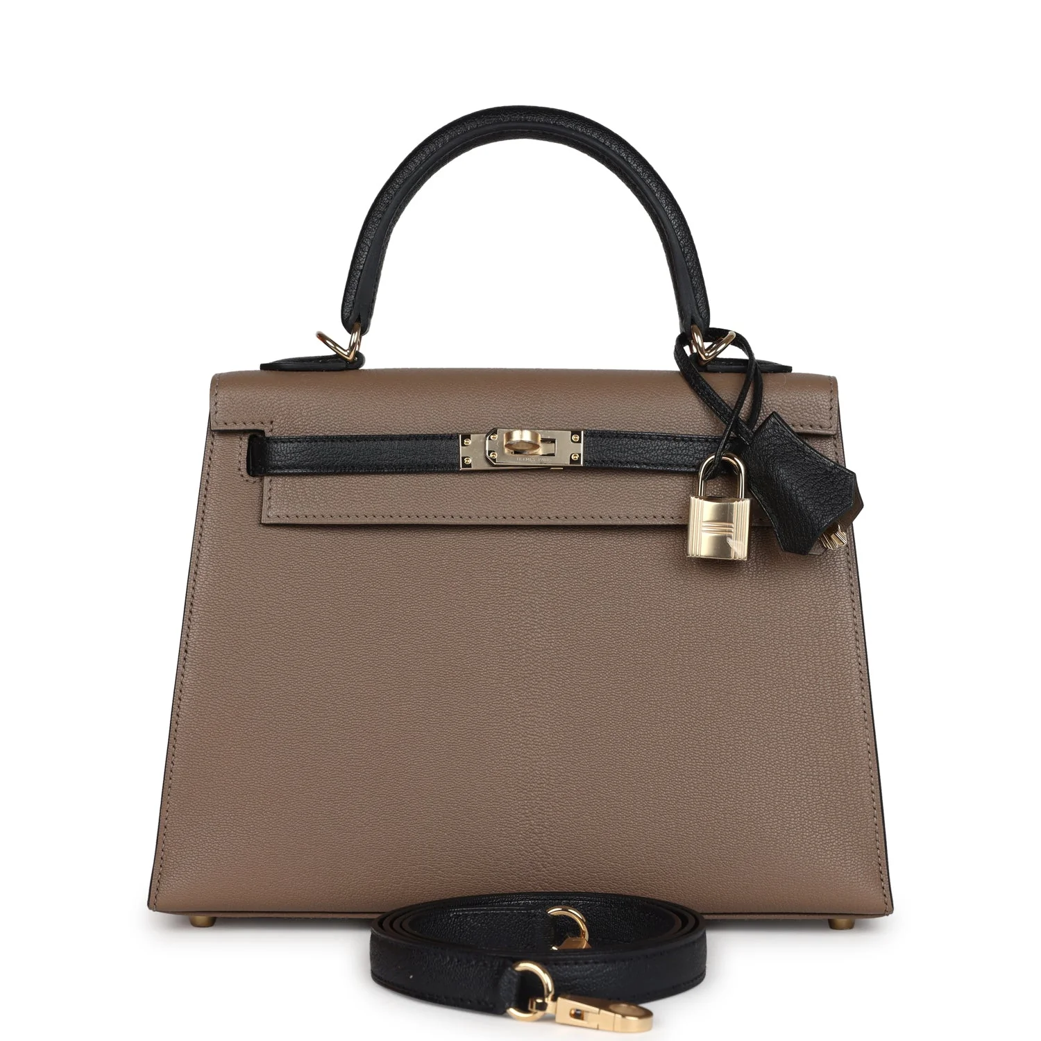 Replicate Hermes Special Order (HSS) Kelly Sellier 25 Black and Etoupe Chevre Mysore Permabrass Hardware(1:1 replica)