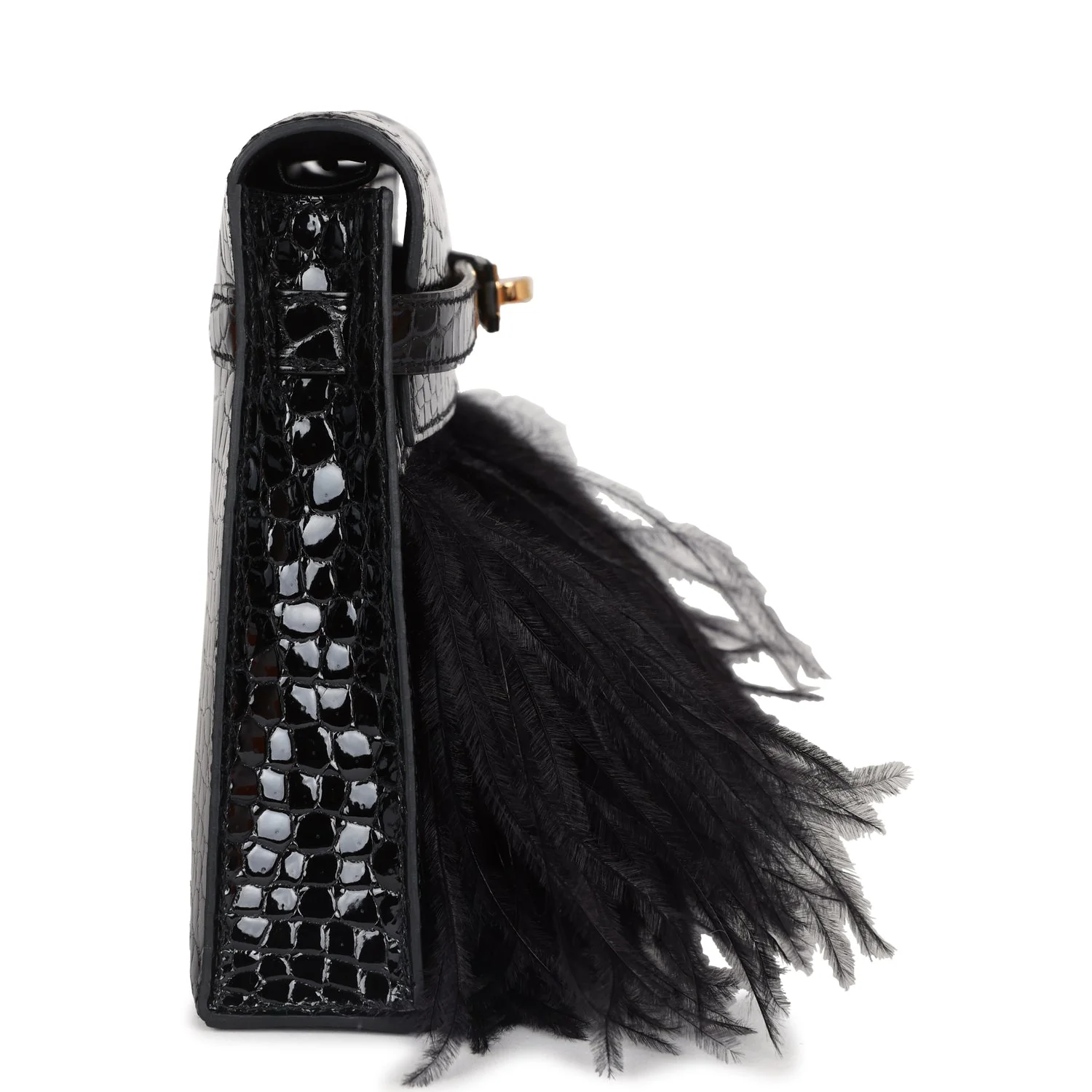 Replicate Hermes Kelly Elan Foile Black Shiny Porosus Crocodile and Ostrich Feather Gold Hardware(1:1 replica)