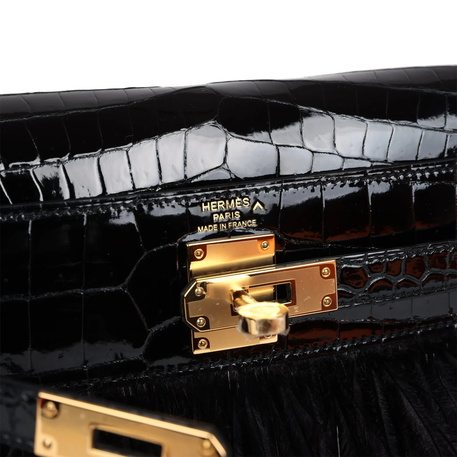 Replicate Hermes Kelly Elan Foile Black Shiny Porosus Crocodile and Ostrich Feather Gold Hardware(1:1 replica)