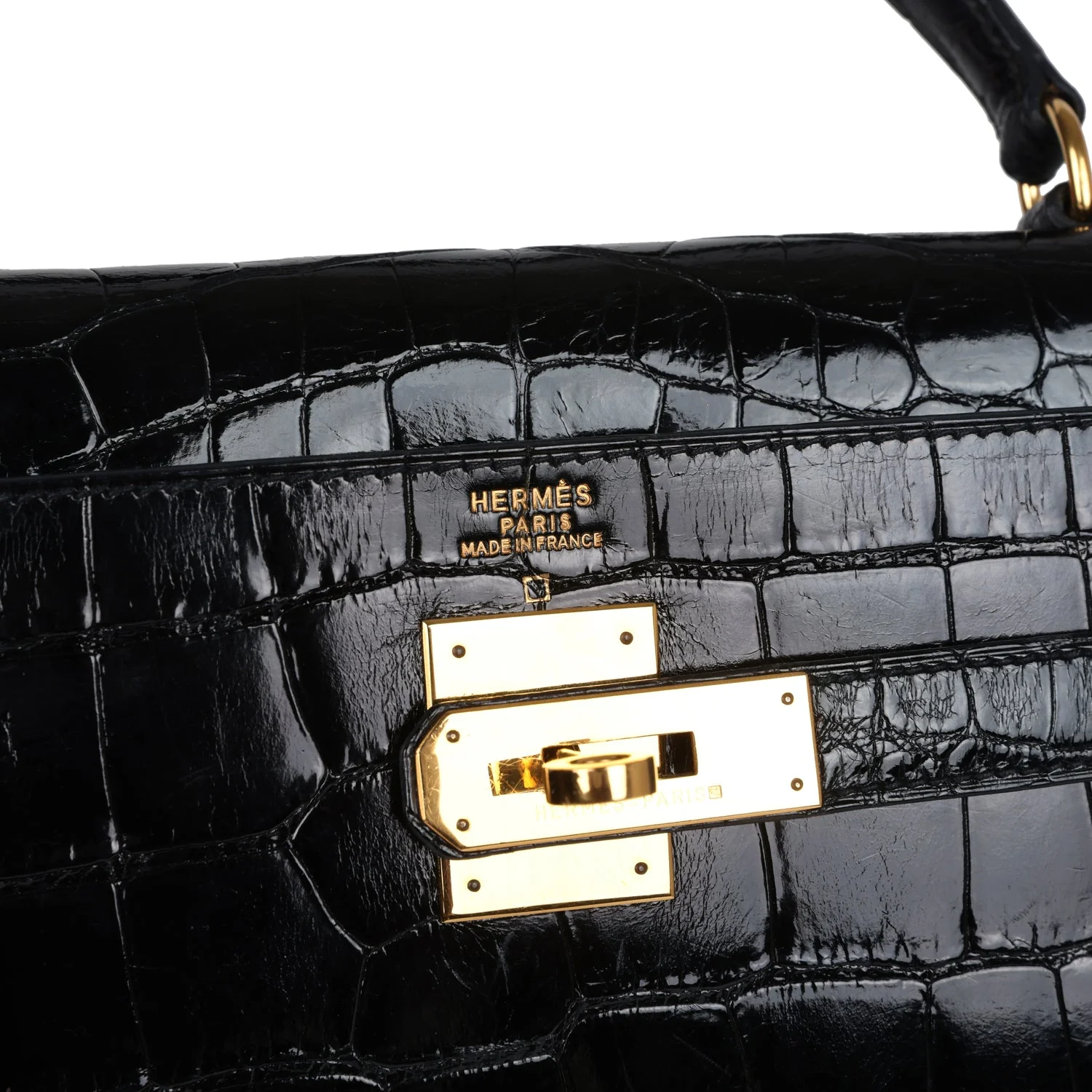Replicate Vintage Hermes Kelly Sellier 32 Black Shiny Alligator Gold Hardware(1:1 replica)